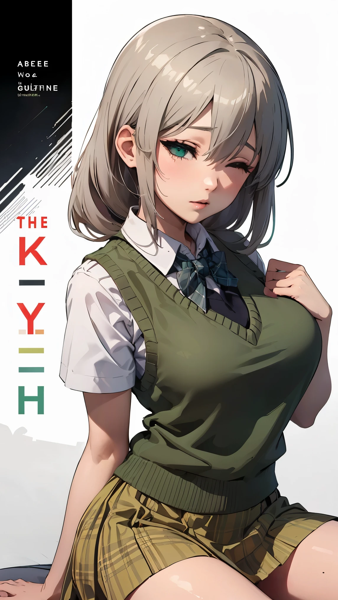 1girl, uzakitsuki, grey hair, hair between eyes, hair over shoulder, closed eyes, mature female, large breasts,
BREAK (school uniform, green bowtie, collared shirt, white shirt, sweater vest, yellow vest, short sleeves, plaid skirt, green skirt:1.2)
BREAK simple_black_background, black and white theme, Sense of coordination, sense of order, mathematics beauty, (((cover design))), (((((cover art))))),
BREAK ((anime girl)), best quality, expressive eyes, perfect face, (masterpiece), best quality, expressive eyes, perfect face, ((best quality)), ((ultra-detailed)), ((an extremely delicate and beautiful)), perfect eyes, perfect body, ((synmetry eyes)), beautiful eyes, ((thick thighs)), shiny skin, soft skin, ((synmetry body)), ((perfect body)), 