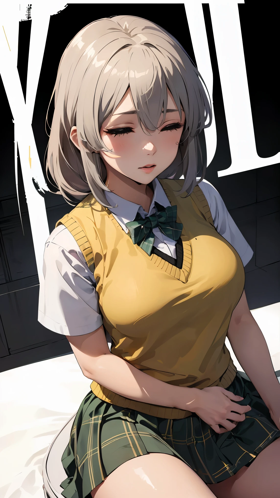 1girl, uzakitsuki, grey hair, hair between eyes, hair over shoulder, closed eyes, mature female, large breasts,
BREAK (school uniform, green bowtie, collared shirt, white shirt, sweater vest, yellow vest, short sleeves, plaid skirt, green skirt:1.2)
BREAK simple_black_background, black and white theme, Sense of coordination, sense of order, mathematics beauty, (((cover design))), (((((cover art))))),
BREAK ((anime girl)), best quality, expressive eyes, perfect face, (masterpiece), best quality, expressive eyes, perfect face, ((best quality)), ((ultra-detailed)), ((an extremely delicate and beautiful)), perfect eyes, perfect body, ((synmetry eyes)), beautiful eyes, ((thick thighs)), shiny skin, soft skin, ((synmetry body)), ((perfect body)), 