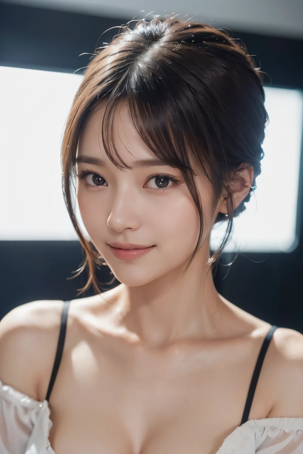 1woman, Updo hairstyle, (Ultra realistic, high res), (highly detailed eyes, highly detailed hair, highly detailed face, highly detailed plump lips), (off shoulder with open breasts), breasts, upper body, caute smile, (best quality:1.4), Raw photo, (realistic, photo-realistic:1.37), professional photography, cinematic light, (fine face: 1.2),