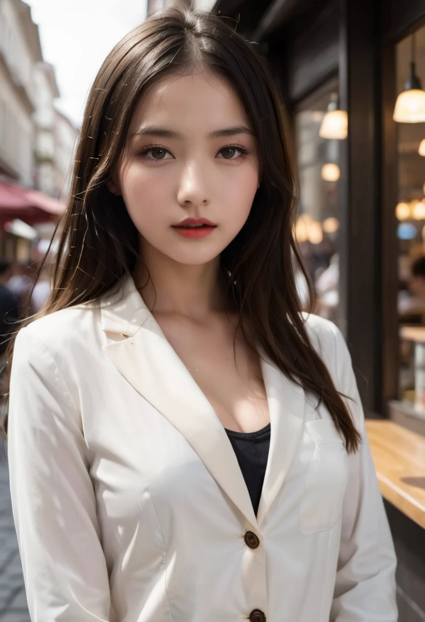 image girl, stunning girl 19 years old, facing front center, ultra clear complexion, [silver-gray eyes], light blush-on, light-red-lips, [large-breast], long hair, [Czech Republic race], un-cropped face, casual attire, light-colored-oversized blazer, image person must be in the center of the canvas, realistic: ultra-high-definition capture, [half-body-shot], [barista coffee shop, tourist-destinations]-as background 