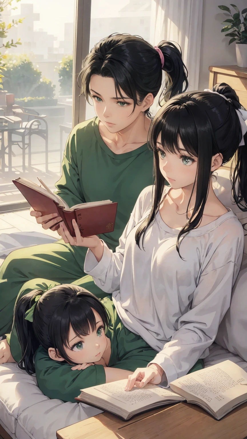a young  woman with green eyes and black ponytail hair is a babysitter. She reads a book to a lots of cute  boys and girls with different hair color. They all wearing fluffy pajamas. Cozy atmosphere, anime illustration