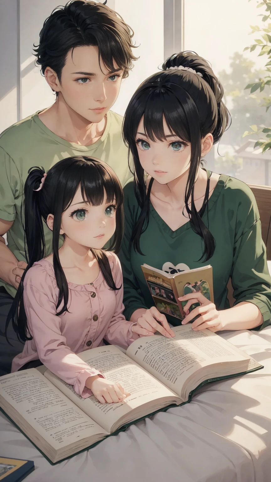 a young woman with green eyes and black ponytail hair is a babysitter. She reads a book to a lots of cute boys and girls with different hair color. They all wearing fluffy pajamas. Cozy atmosphere, anime illustration