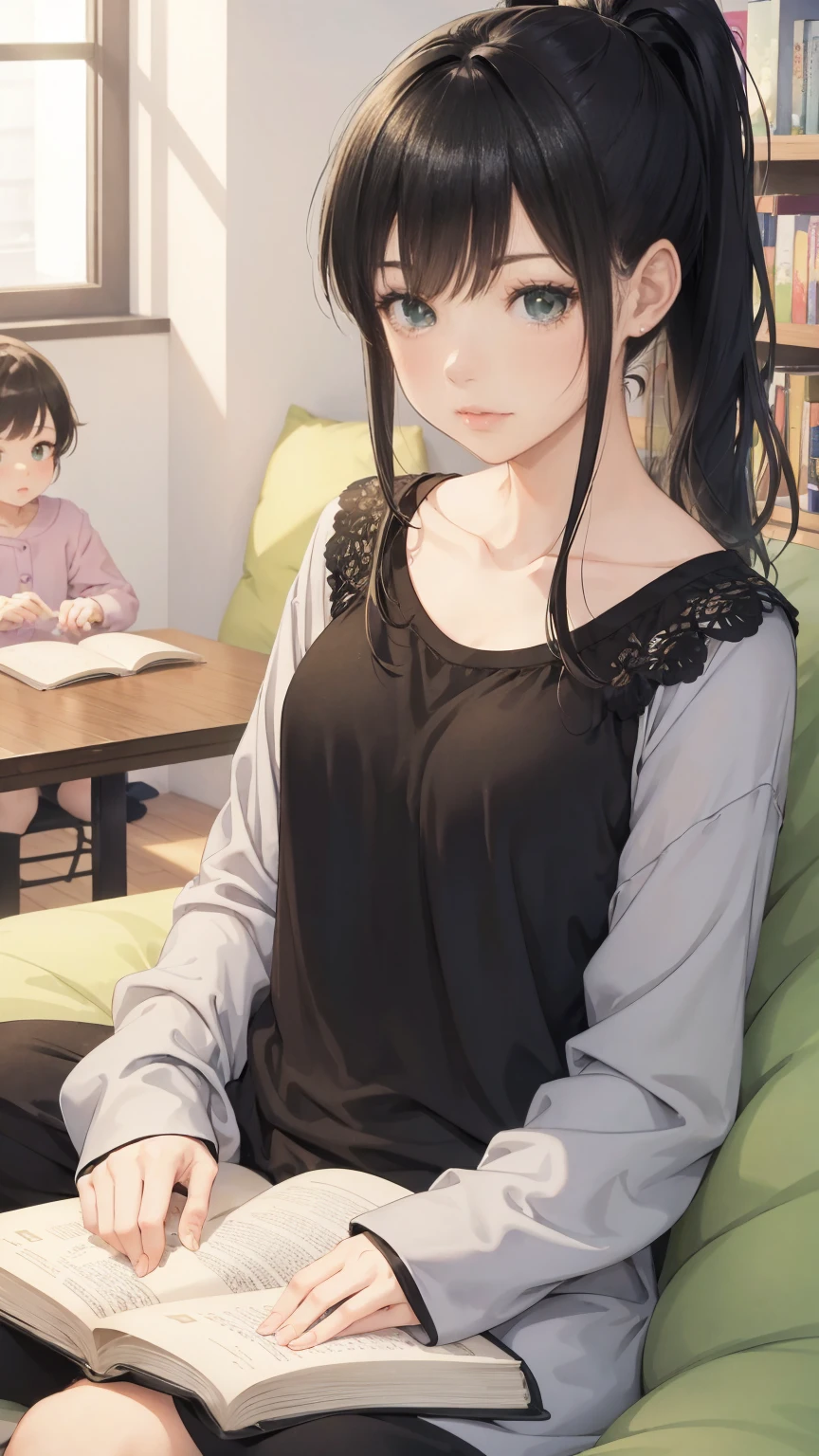 a young woman with green eyes and black ponytail hair is a babysitter. She reads a book to a lots of cute boys and girls with different hair color. They all wearing fluffy pajamas. Cozy atmosphere, anime illustration