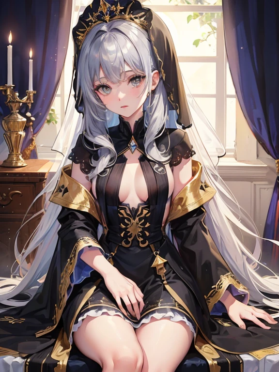 (Highly detailed CG Unity 8K wallpaper, highest quality, masterpiece), ((4k, masterpiece, highest quality)), mature woman, long gray hair, long hair and waist, hair loss, shawl, hazelnut eyes, single, Sitting on a crescent moon decoration, full of stars,Black oversized swing princess dress, Wearing a gold coat like a researcher, star hidden under the skirt, A deep blue butterfly is flying around, Theater background, star curtain, Wearing a sparkling veil with stars on it, suspenders