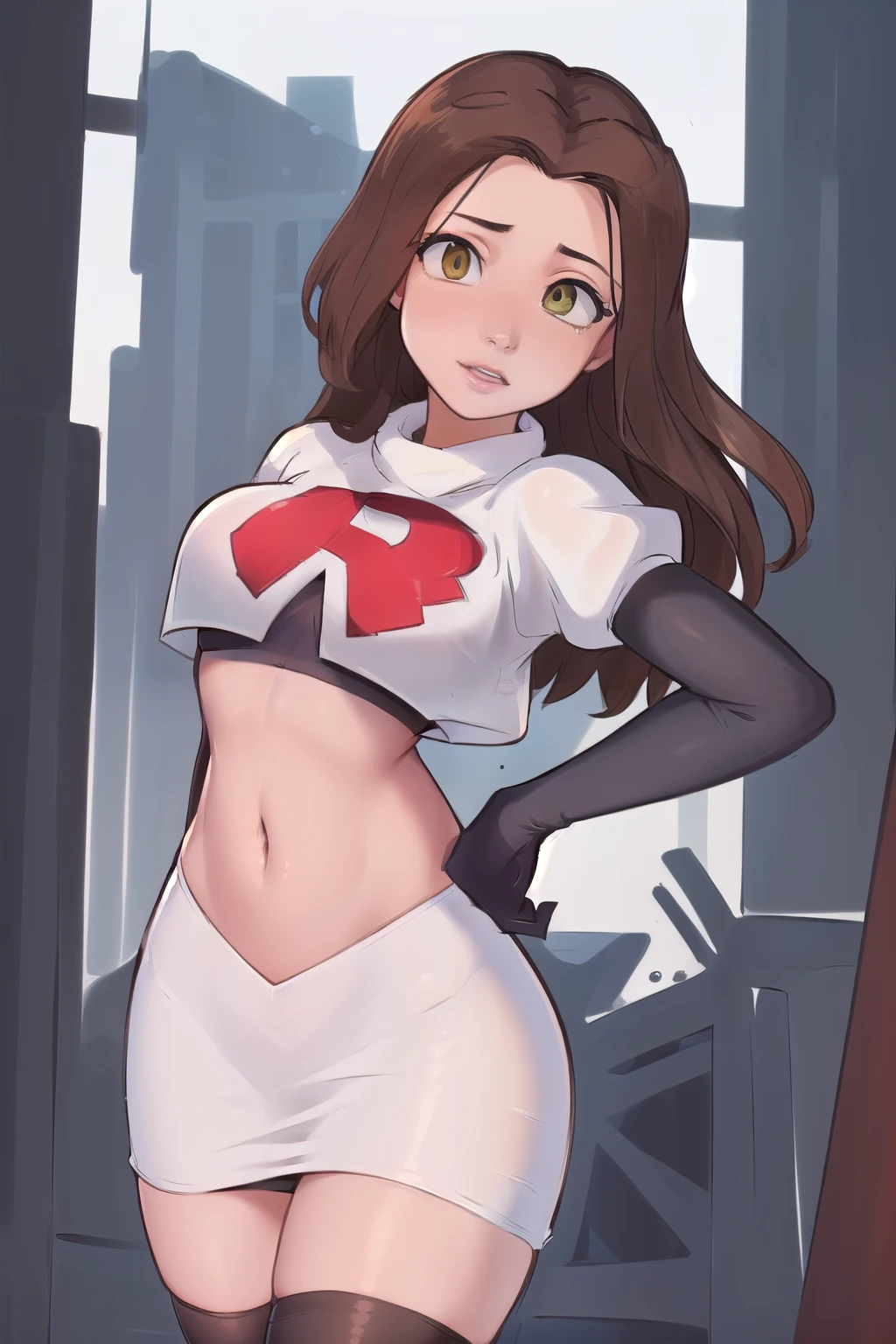 ((masterpiece, best quality:1.2),
BelleWaifu,18 years old,beautiful face,elegant face,(beautiful slanted eyes:1.4),brown eyes,breasts,cowboy shot, team rocket,team rocket uniform,white skirt,red letter R,crop top,black thigh-highs,black elbow gloves