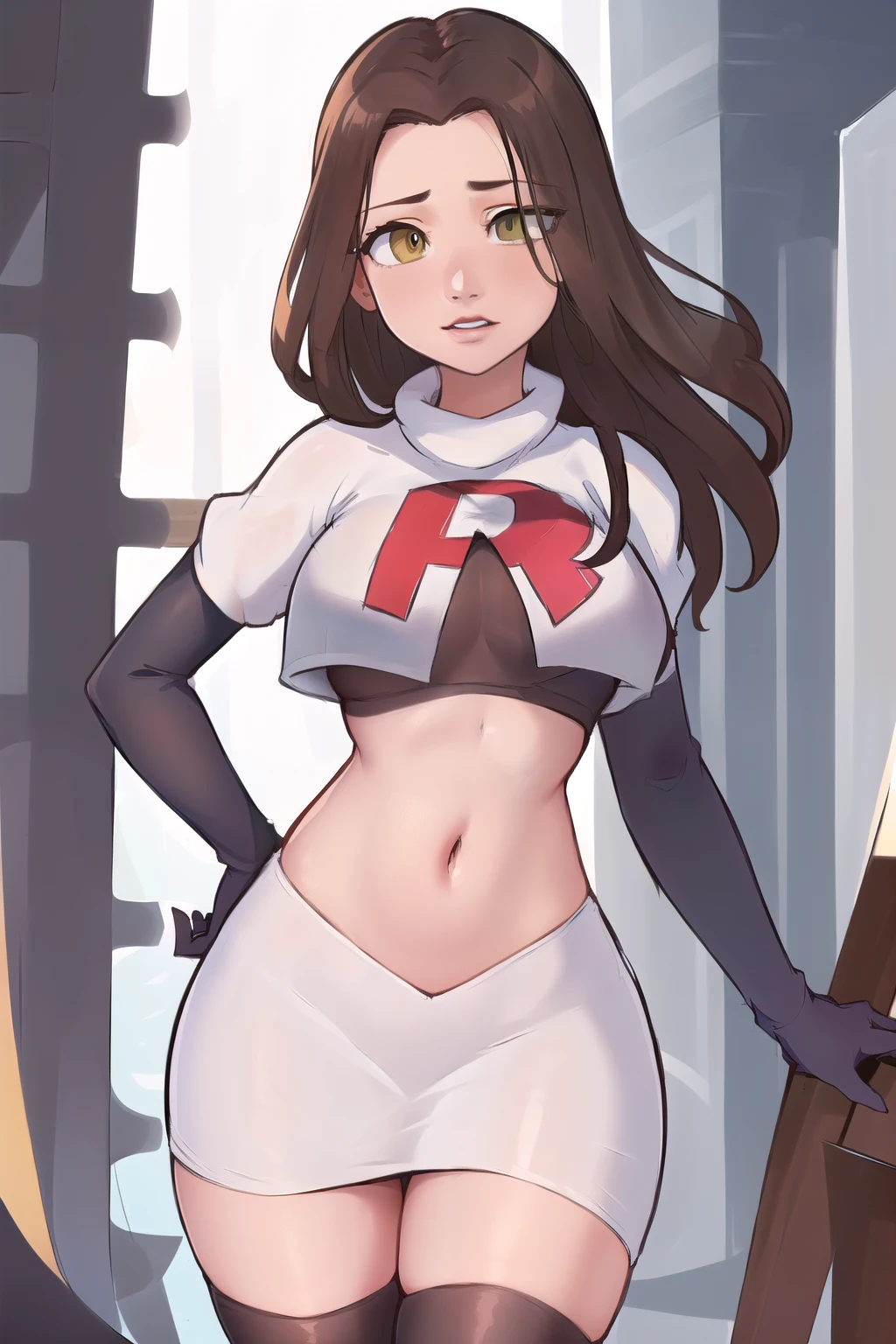 ((masterpiece, best quality:1.2),
BelleWaifu,18 years old,beautiful face,elegant face,(beautiful slanted eyes:1.4),brown eyes,breasts,cowboy shot, team rocket,team rocket uniform,white skirt,red letter R,crop top,black thigh-highs,black elbow gloves