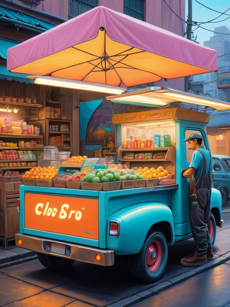 A street grocery vendor preparing his menchandise on his pickup cybertruck, his pickup truck is his cyberpunk stall, insanely detailed and intricate 1950's retro fururistic, atomic design, pastel color scheme, oil on canvas painting, studio Ghibli style