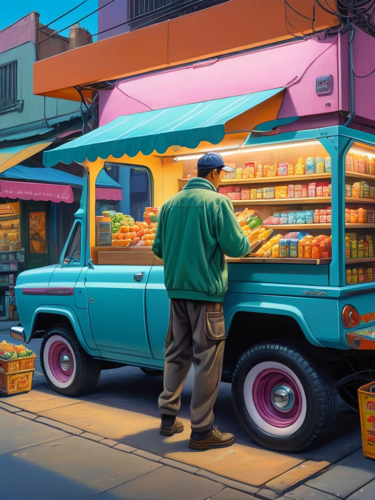 A street grocery vendor preparing his menchandise on his pickup cybertruck, his pickup truck is his cyberpunk stall, insanely detailed and intricate 1950's retro fururistic, atomic design, pastel color scheme, oil on canvas painting, studio Ghibli style