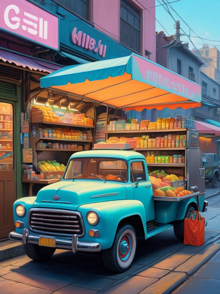 A street grocery vendor preparing his menchandise on his pickup cybertruck, his pickup truck is his cyberpunk stall, insanely detailed and intricate 1950's retro fururistic, atomic design, pastel color scheme, oil on canvas painting, studio Ghibli style