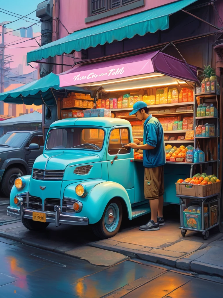 A street grocery vendor preparing his menchandise on his pickup cybertruck, his pickup truck is his cyberpunk stall, insanely detailed and intricate 1950's retro fururistic, atomic design, pastel color scheme, oil on canvas painting, studio Ghibli style