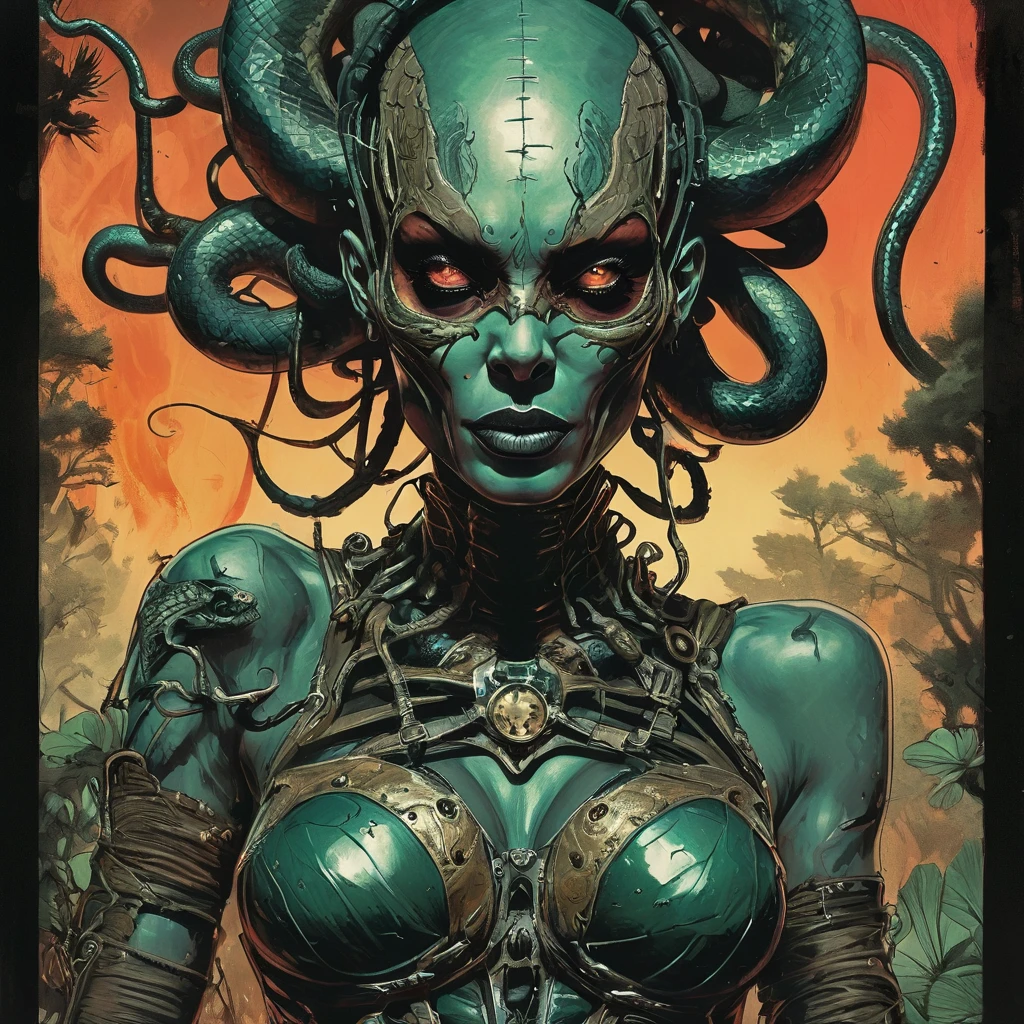 splash page decompressed comic cover art, joelle jones style expressive ink comic, rich color grading, rotoscope hyperrealism, frederic delavier musculature anatomy detailed accurate precise illustration, internal mechanics of robotic Medusa, cinematic, chiaroscuro lighting, surreal, slender medusa filled with steampunk gears and machinery, vertigo, overwhelming, intense, depth, Medusa, splash page decompressed comic cover art, ink style figure, candid, snake skin dress, ((art style expressive Joelle Jones and "Sean Gordon Murphy" comic drawing)), wordless, cinematic poster double exposure, optical illusion, image within image, abyss void black no visibility darkness, full body portrait, (background, pine barrens, entropy, rewilding, magic hour sunset, galaxy stars, cosmos), (horror, abstract, surreal, body, cosmic), body anatomy drawn in Frederic Delavier musculature anatomical illustration art style, (face, ornate black metal corpse paint, resembles Grace Jones), (body, Naga, snakefolk, lower body snake tail, snake woman hybrid, bald, hairless, skeleton, snake skin tattoos, piercing eyes, snake pupils, over the shoulder), (colors, merge bleak muted deep fiery radiant glowing ROYGBIV, forest green to earth brown), craftsmanship nuance, (art style Gerardo Zaffino charcoal), subliminal orchids, nyctophobia, (wordless, single image), silhouette