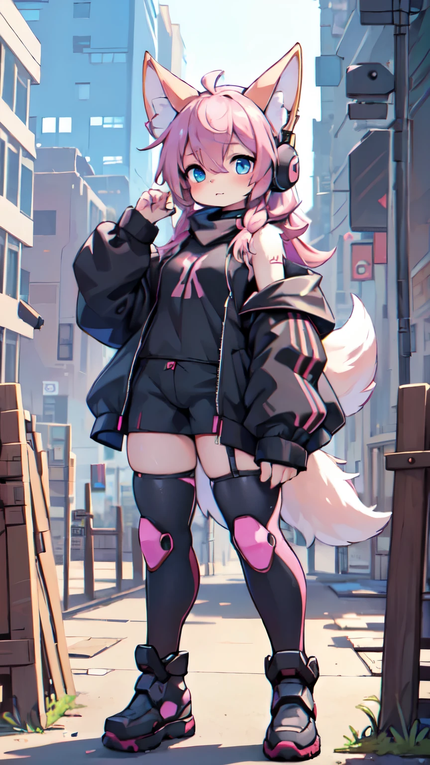 (best quality,4k,8k,highres,masterpiece:1.2),ultra-detailed,(realistic,photorealistic,photo-realistic:1.37),Kawaii, pink striped Fluffy Fox, Pink hair, Blue Eyes, heterochromia, Solo, body fur, in ruined city, Mechanical nanoskin, nakeness, cybernetic prosthesis, mechanical legs, mech suit, black reotard, pink over-the-knee socks, long moe sleeve loose off-the-shoulder blouse, long hood jacket, kitty headphones, holding automatic rifle, mechanical shoes