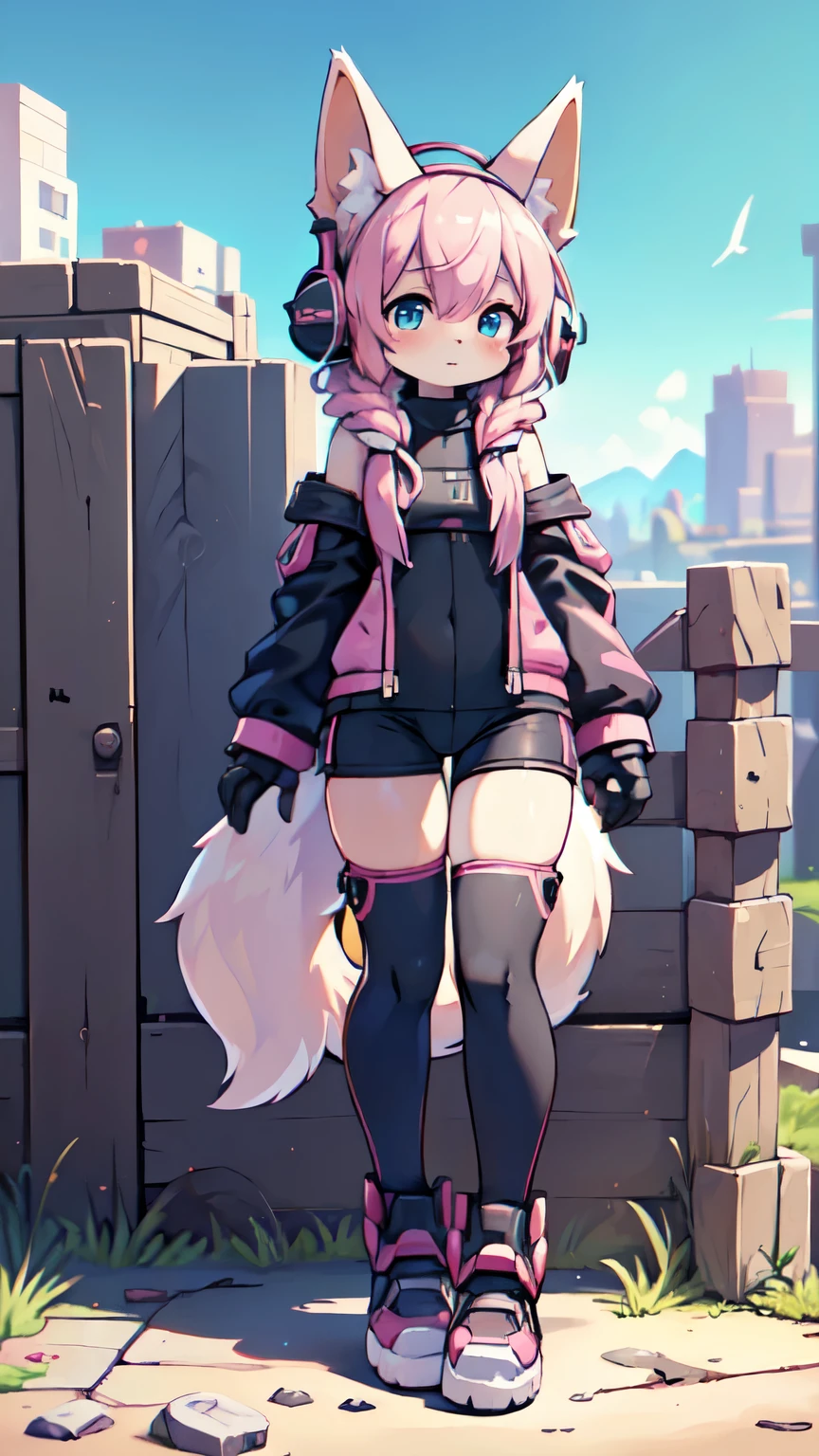 (best quality,4k,8k,highres,masterpiece:1.2),ultra-detailed,(realistic,photorealistic,photo-realistic:1.37),Kawaii, pink striped Fluffy Fox, Pink hair, Blue Eyes, heterochromia, Solo, body fur, in ruined city, Mechanical nanoskin, nakeness, cybernetic prosthesis, mechanical legs, mech suit, black reotard, pink over-the-knee socks, long moe sleeve loose off-the-shoulder blouse, long hood jacket, kitty headphones, holding automatic rifle, mechanical shoes