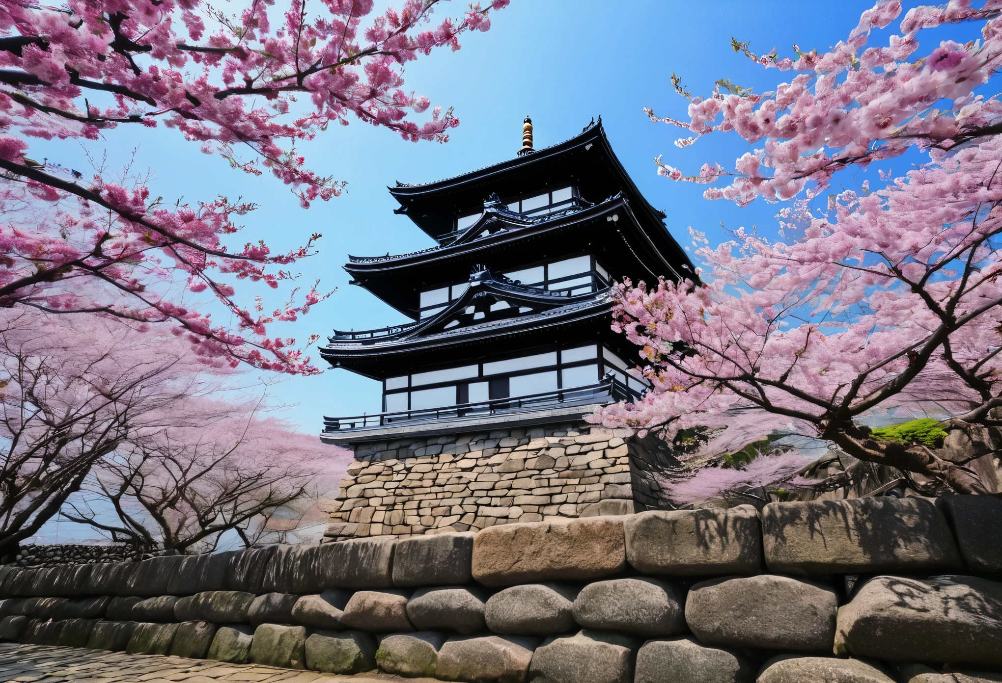 Arafed Tower with cherry blossoms in front of the stone wall, a picture inspired by Katsushika Ōi, Flicker, shin hanga, japanese temple, ancient japanese architecture, Chiba prefecture, aomori japan, Kumamoto, Beast, kanagawa prefecture, Japan Tourism, beautiful images, japanese architecture, historical background