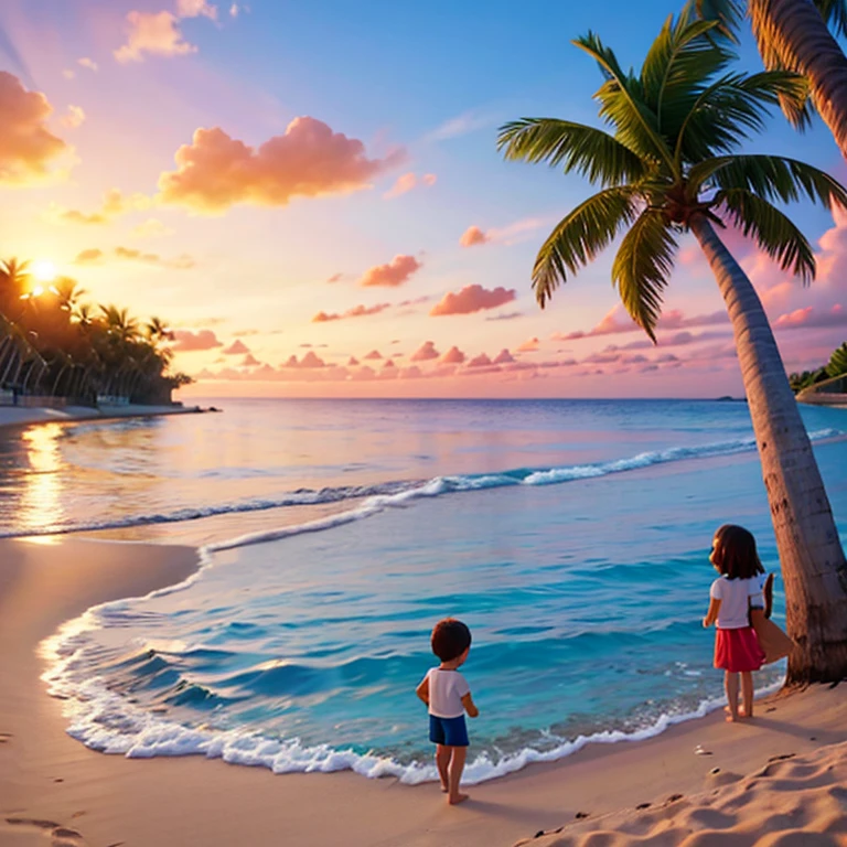Blue sea, sunset, 2 kids building sand castle on the shore, coconut trees swaying in breeze
