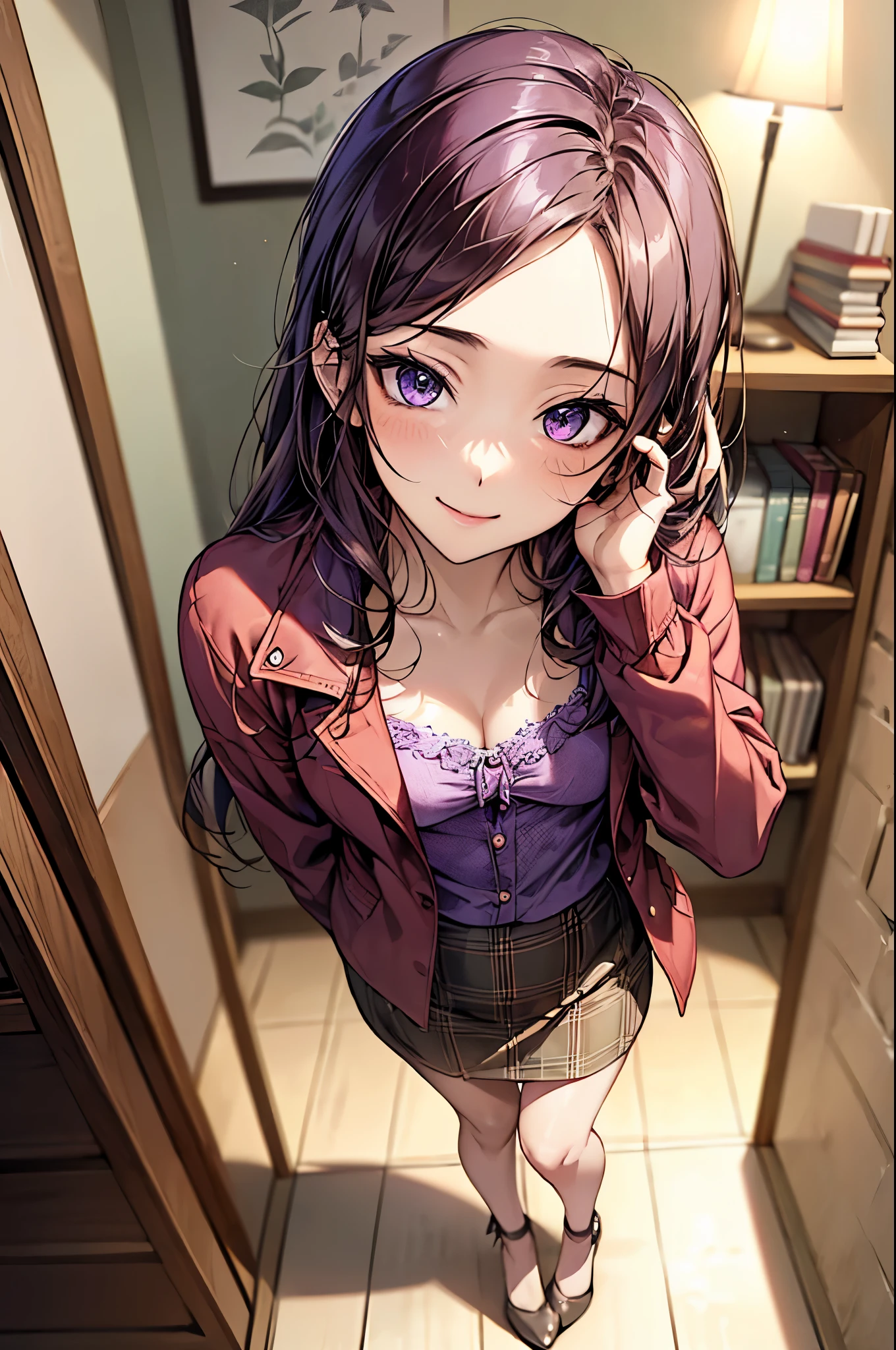 ((Biologically correct number of limbs))、(( Full body photo including face))、((standing position))、masterpiece、4K、((focus on the face))、((Symmetrical facial features))、Eyes with detailed description、Beautiful woman、outstanding style、beautiful clavicle、beautiful legs、beautiful hands、(stockings、high heels)、Detailed depiction of faces、small earrings、((red jacket、shirt、plaid skirt))、Bright interior、In front of the bookshelf、(((white frame photo)))、smile、Silver-purple hair、purple eyes、lighting on face