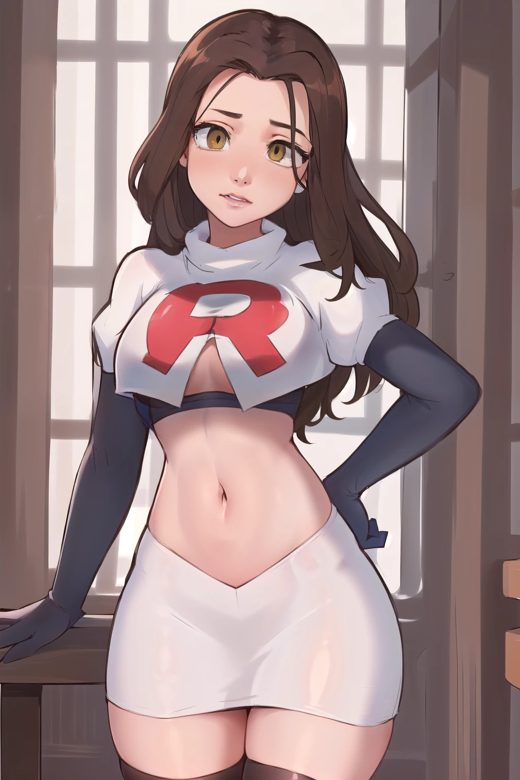 ((masterpiece, best quality:1.2),
BelleWaifu,18 years old,beautiful face,elegant face,(beautiful slanted eyes:1.4),brown eyes,breasts,cowboy shot, team rocket,team rocket uniform,white skirt,red letter R,crop top,black thigh-highs,black elbow gloves