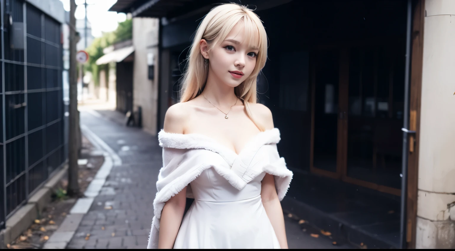 2D, masterpiece, highest quality, anime, highly detailed eyes, highly detailed face, (cowboy shot), 1 girl, alone, Are standing, studio background, black background, light blush, smile, tame them, tsunomaki tame them, Hololive, Virtual YouTuber, blonde hair, purple eyes, horn, ram horn, long hair, mature, wide hips, medium breasts, white dress, fur trim dress, removed sleeve, white sleeves, pink accent, cape, street,
