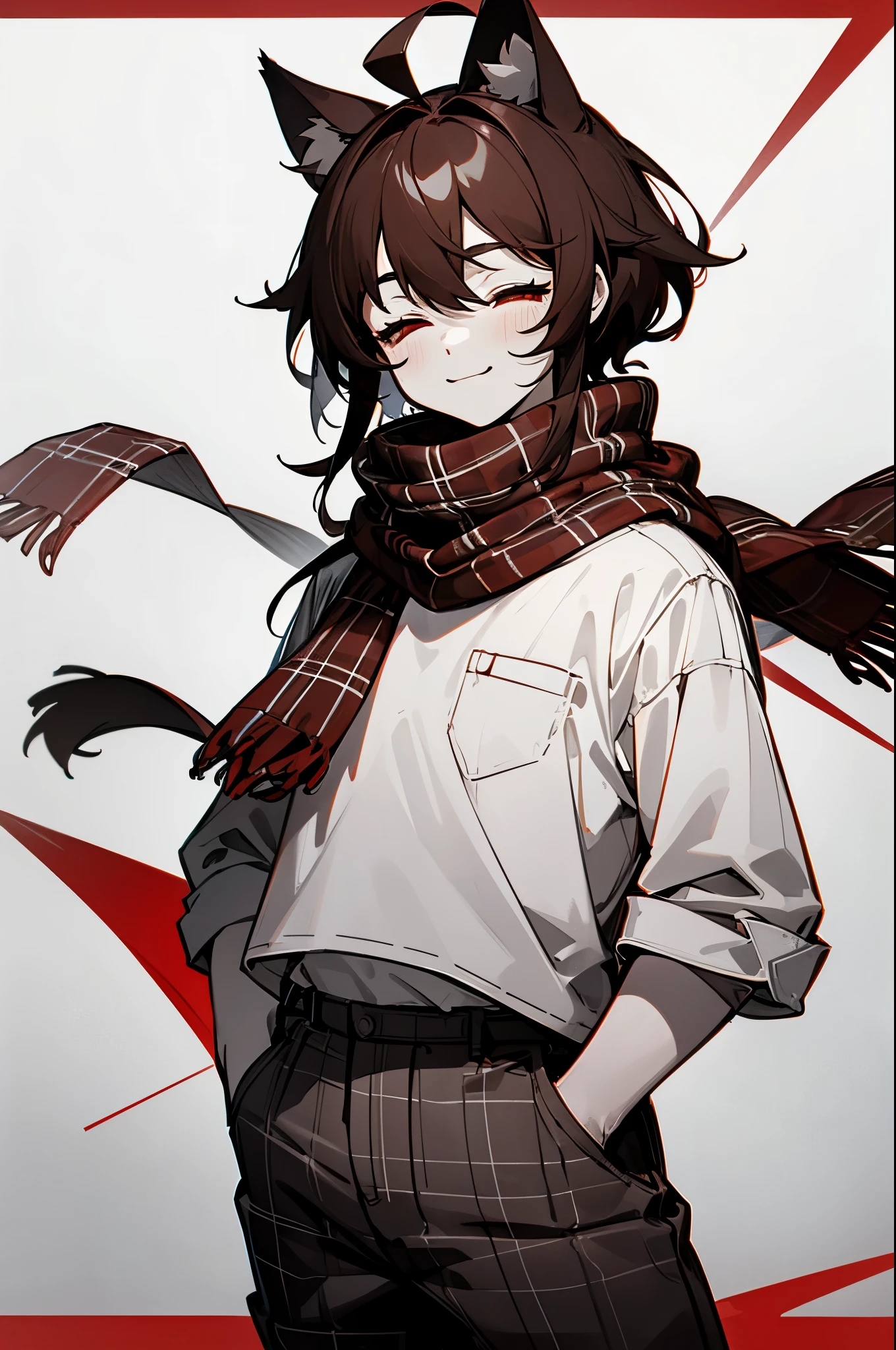 tcoaal, white outline, monochrome, upper body, smile, half-closed eyes, guy, short dark brown hair, red eyes, redplaid scarf, grey plaid pants, ahoge, white t-shirt, cat ears, arms in pockets