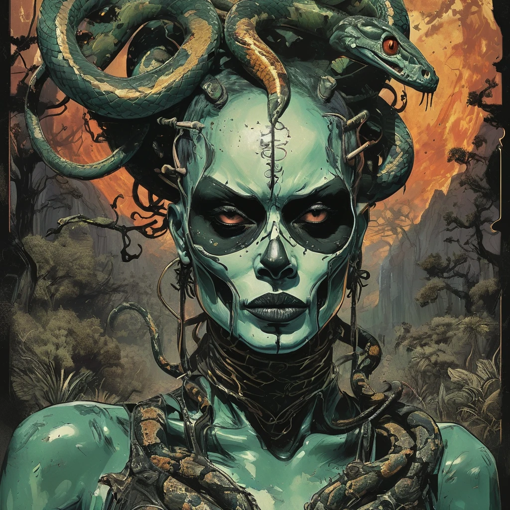 splash page decompressed comic cover art, joelle jones style expressive ink comic, rich color grading, rotoscope hyperrealism, frederic delavier musculature anatomy detailed accurate precise illustration, internal mechanics of robotic Medusa, cinematic, chiaroscuro lighting, surreal, slender medusa filled with steampunk gears and machinery, vertigo, overwhelming, intense, depth, Medusa, splash page decompressed comic cover art, ink style figure, candid, snake skin dress, ((art style expressive Joelle Jones and "Sean Gordon Murphy" comic drawing)), wordless, cinematic poster double exposure, optical illusion, image within image, abyss void black no visibility darkness, full body portrait, (background, pine barrens, entropy, rewilding, magic hour sunset, galaxy stars, cosmos), (horror, abstract, surreal, body, cosmic), body anatomy drawn in Frederic Delavier musculature anatomical illustration art style, (face, ornate black metal corpse paint, resembles Grace Jones), (body, Naga, snakefolk, lower body snake tail, snake woman hybrid, bald, hairless, skeleton, snake skin tattoos, piercing eyes, snake pupils, over the shoulder), (colors, merge bleak muted deep fiery radiant glowing ROYGBIV, forest green to earth brown), craftsmanship nuance, (art style Gerardo Zaffino charcoal), subliminal orchids, nyctophobia, (wordless, single image), silhouette