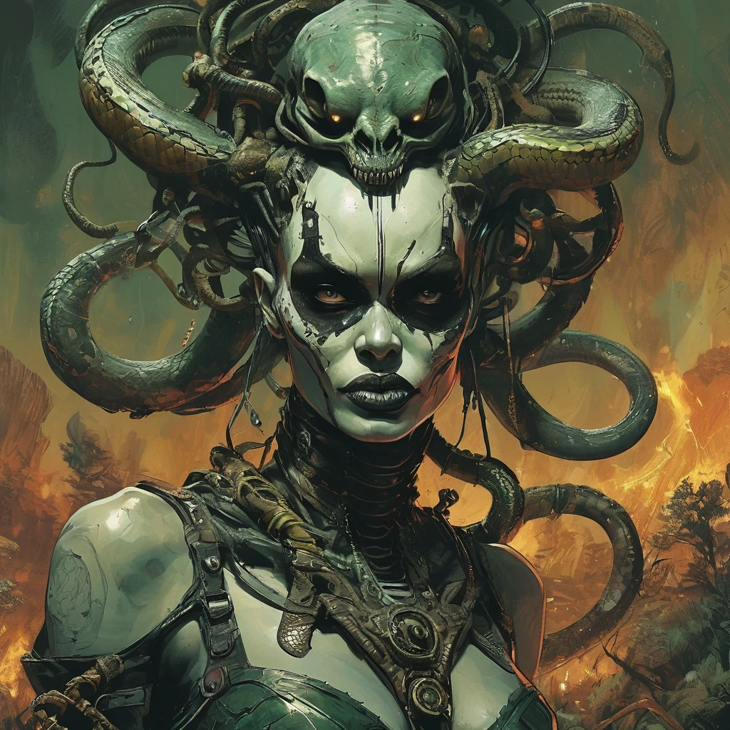 splash page decompressed comic cover art, joelle jones style expressive ink comic, rich color grading, rotoscope hyperrealism, frederic delavier musculature anatomy detailed accurate precise illustration, internal mechanics of robotic Medusa, cinematic, chiaroscuro lighting, surreal, slender medusa filled with steampunk gears and machinery, vertigo, overwhelming, intense, depth, Medusa, splash page decompressed comic cover art, ink style figure, candid, snake skin dress, ((art style expressive Joelle Jones and "Sean Gordon Murphy" comic drawing)), wordless, cinematic poster double exposure, optical illusion, image within image, abyss void black no visibility darkness, full body portrait, (background, pine barrens, entropy, rewilding, magic hour sunset, galaxy stars, cosmos), (horror, abstract, surreal, body, cosmic), body anatomy drawn in Frederic Delavier musculature anatomical illustration art style, (face, ornate black metal corpse paint, resembles Grace Jones), (body, Naga, snakefolk, lower body snake tail, snake woman hybrid, bald, hairless, skeleton, snake skin tattoos, piercing eyes, snake pupils, over the shoulder), (colors, merge bleak muted deep fiery radiant glowing ROYGBIV, forest green to earth brown), craftsmanship nuance, (art style Gerardo Zaffino charcoal), subliminal orchids, nyctophobia, (wordless, single image), silhouette