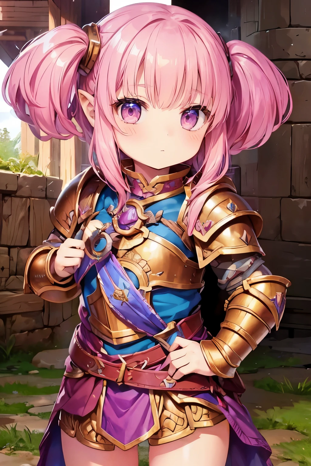 a girl，Dwarves，Lilliputians，Halfling，little girl，pink hair，warrior，Heavy metal armor，Iron armor