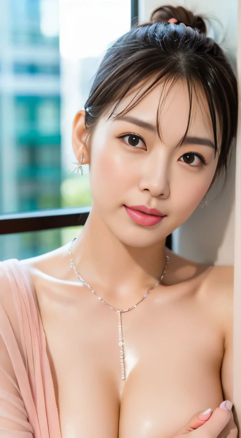(highest quality, 4k, masterpiece :1.3),
sharp focus, shallow depth of field, Bright colors, professional level,
20-year-old, 1 person, (Half Japanese and German woman), The face of a famous Japanese actress,
Supple body :1.3, model body shape:1.5, perfect style:1.4,
narrow shoulders, beautiful clavicle, long and thin legs,
delicate body shape, The beauty of slim abs :1.2, thin waist :1.2,
super detailed skin, Fair skin, Shiny skin, super detailed face,
slim facial contour, beautiful small face, Beautiful lined nose,
super detailed eyes, long slit eyes, brown eyes, double eyelid, Beautiful thin eyebrows, fine long eyelashes,
super detailed lips, plump lips, glossy pink lips, flushed cheeks, White teeth,
Beautiful actress's ennui makeup, pink lipstick,
dark brown hair, delicate soft hair,
(hair up, medium short hair, ponytail:1.2),
layer cut, (dull bangs:1.2),
(stylish looking earrings,necklace,bracelet,shiny nail art:1.2),
cute smile, open mouth half way, Enchanted expression, ((Staring at the viewer)),
(((photorealism,Shoot the whole body from the thighs:1.5))), ((The body is facing sideways)),
Photographed directly from the front, dynamic lighting,
(Dress up in a tight green polka dot bathrobe:1.2),
((luxury hotel bedroom bed, The midsummer sun shines on the whole)),
((The large windows overlook the ocean horizon.:1.2)),
((Squinting eyes:1.4)),
((pursing lips:1.4)),
((pouting)),
((blushing cheeks)),
((I'm enchanted)),
((A look of pleasure)),
((touching breasts:1.4)),
((body is wet)),
((Pay attention to the nipples)),