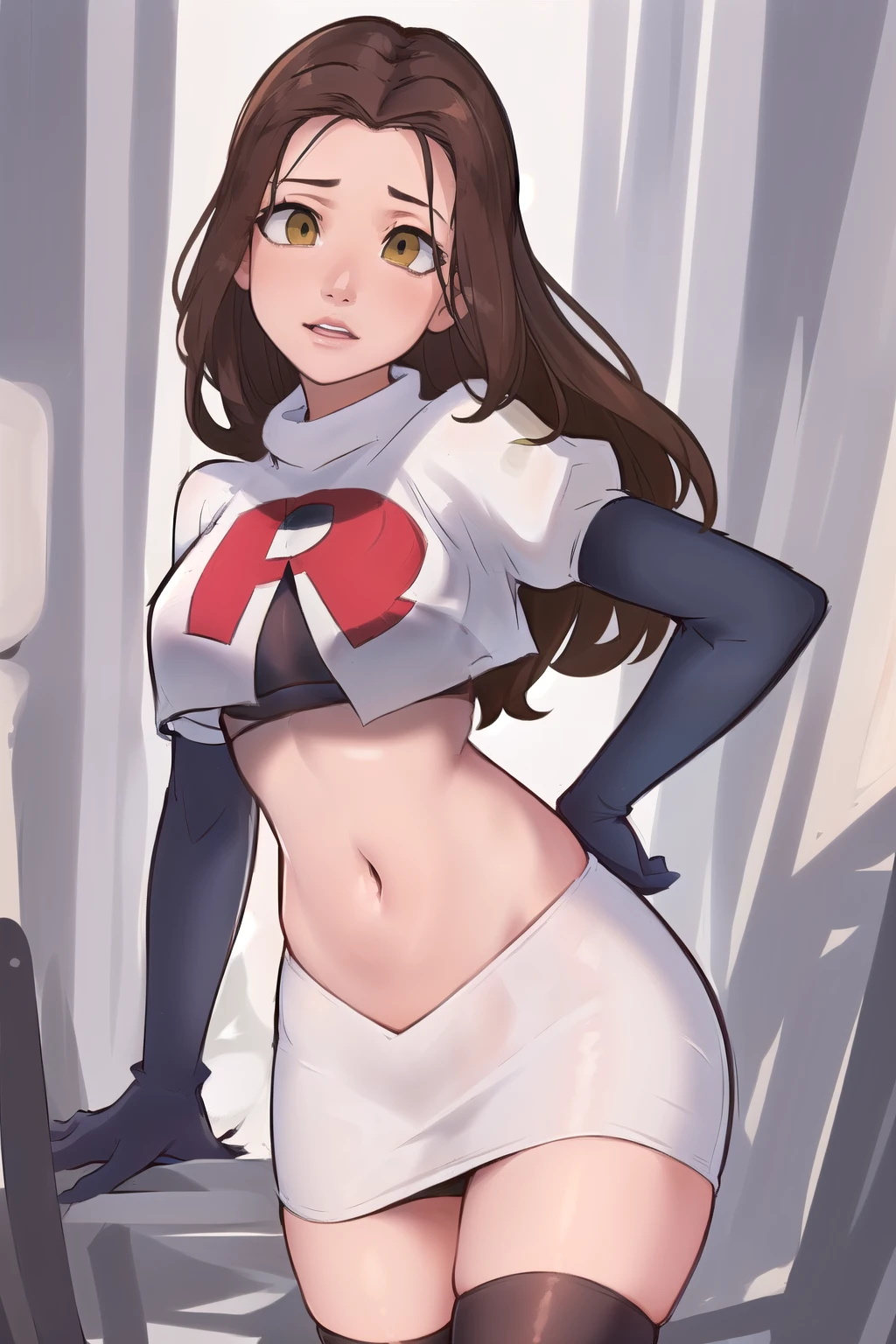 ((masterpiece, best quality:1.2),
BelleWaifu,18 years old,beautiful face,elegant face,(beautiful slanted eyes:1.4),brown eyes,breasts,cowboy shot, team rocket,team rocket uniform,white skirt,red letter R,crop top,black thigh-highs,black elbow gloves