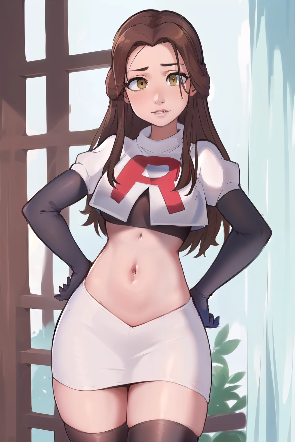 ((masterpiece, best quality:1.2),
BelleWaifu,18 years old,beautiful face,elegant face,(beautiful slanted eyes:1.4),brown eyes,breasts,cowboy shot, team rocket,team rocket uniform,white skirt,red letter R,crop top,black thigh-highs,black elbow gloves