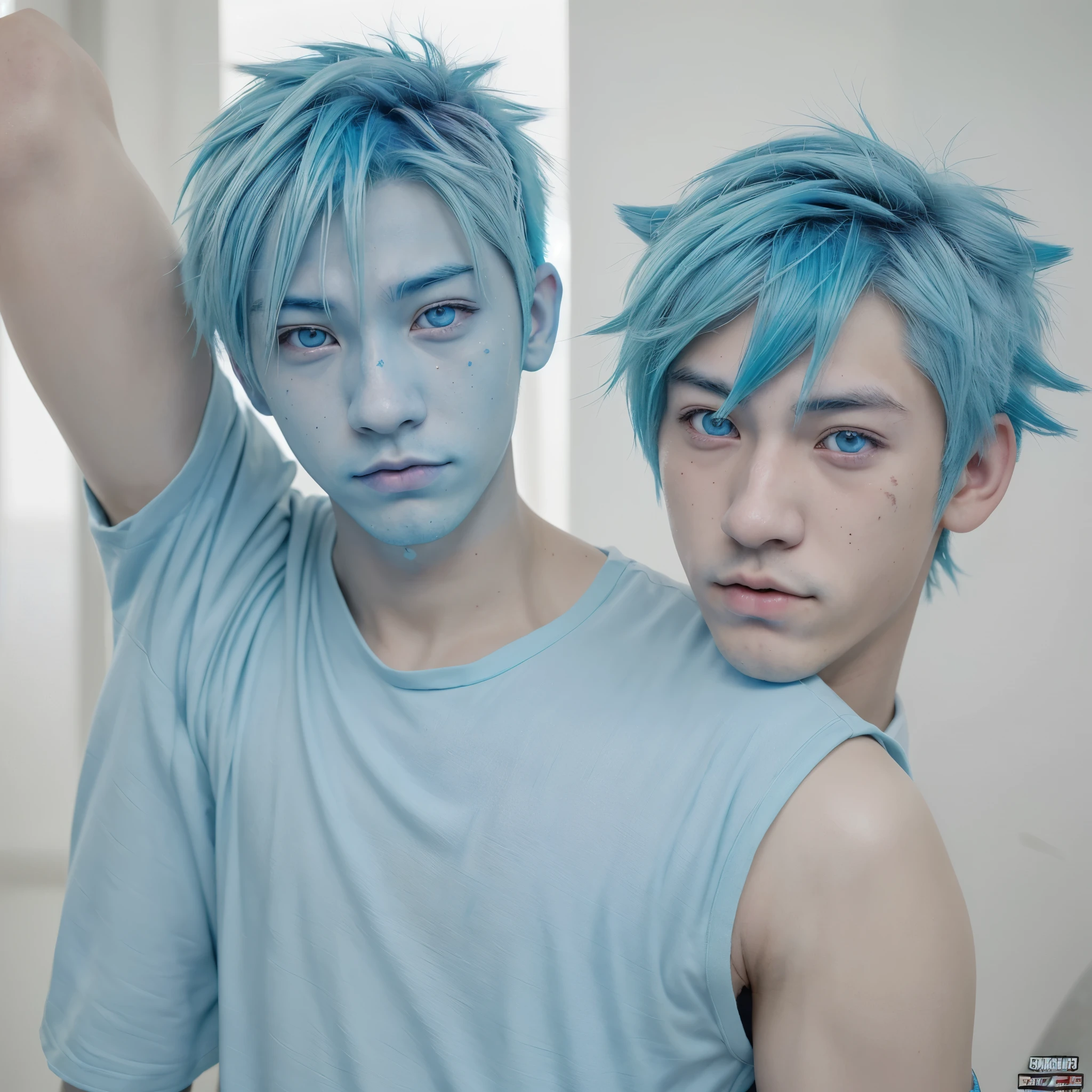 17 year old anime boy cyan blue hair, ojos azules y de rasgos asiaticos, piel blanca y pecas poco notorias
