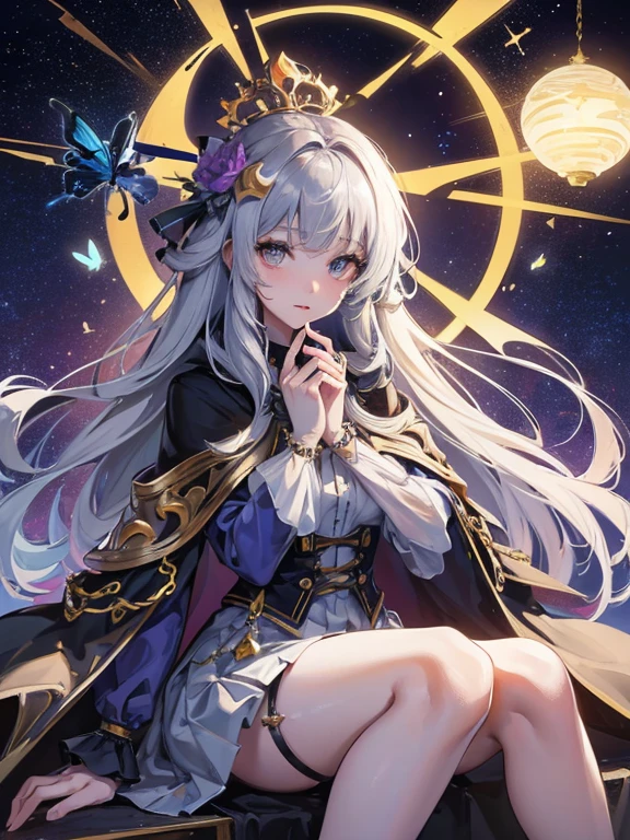 (Highly detailed CG Unity 8K wallpaper, highest quality, masterpiece), ((4k, masterpiece, highest quality)), mature woman, long gray hair, long hair and waist, hair loss, shawl, hazelnut eyes, single, Sitting on a crescent moon decoration, full of stars,Deep green oversized swing princess dress, Wearing a gold coat like a researcher, star hidden under the skirt, Deep purple and blue butterflies flying around, Theater background, star curtain, star hair ornament, suspenders