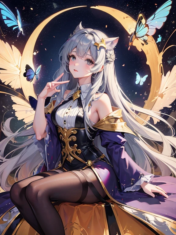 (Highly detailed CG Unity 8K wallpaper, highest quality, masterpiece), ((4k, masterpiece, highest quality)), mature woman, long gray hair, long hair and waist, hair loss, shawl, hazelnut eyes, single, Sitting on a crescent moon decoration, full of stars,Deep green oversized swing princess dress, Wearing a gold coat like a researcher, star hidden under the skirt, Deep purple and blue butterflies flying around, Theater background, star curtain, star hair ornament, suspenders