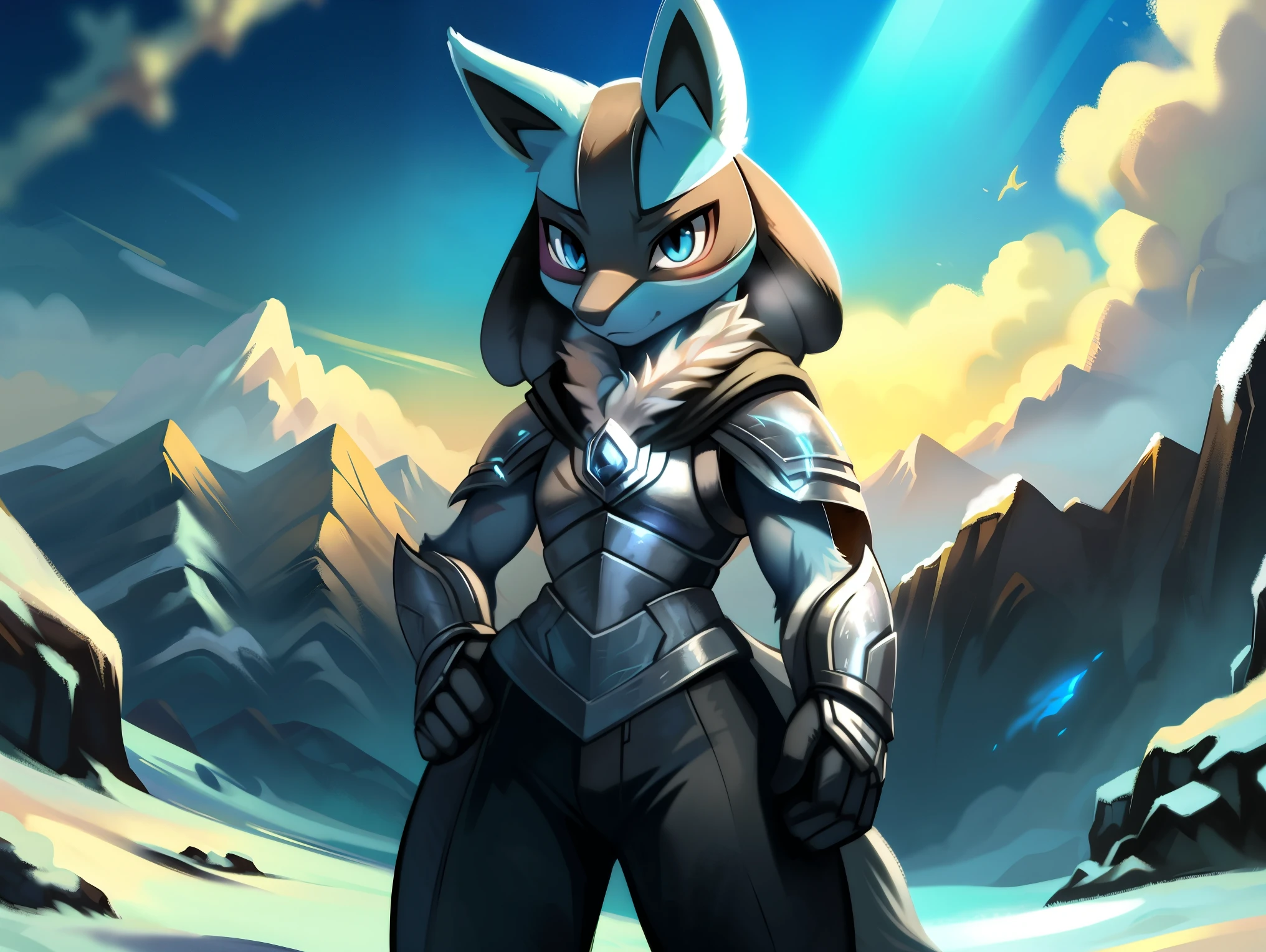 (((Lucario))), male, (((solo))), wolf, chest spike, male, ((blue eyes)), (((black adventurer gear))), ((silver chest armor)), (((long black cloak)), ((black pants)), (black gloves), sunny day, blue aura, snowy mountains, rocky, sunrays, clouds. snow, snowy ground, up close. Very good figure, masterpiece, best quality