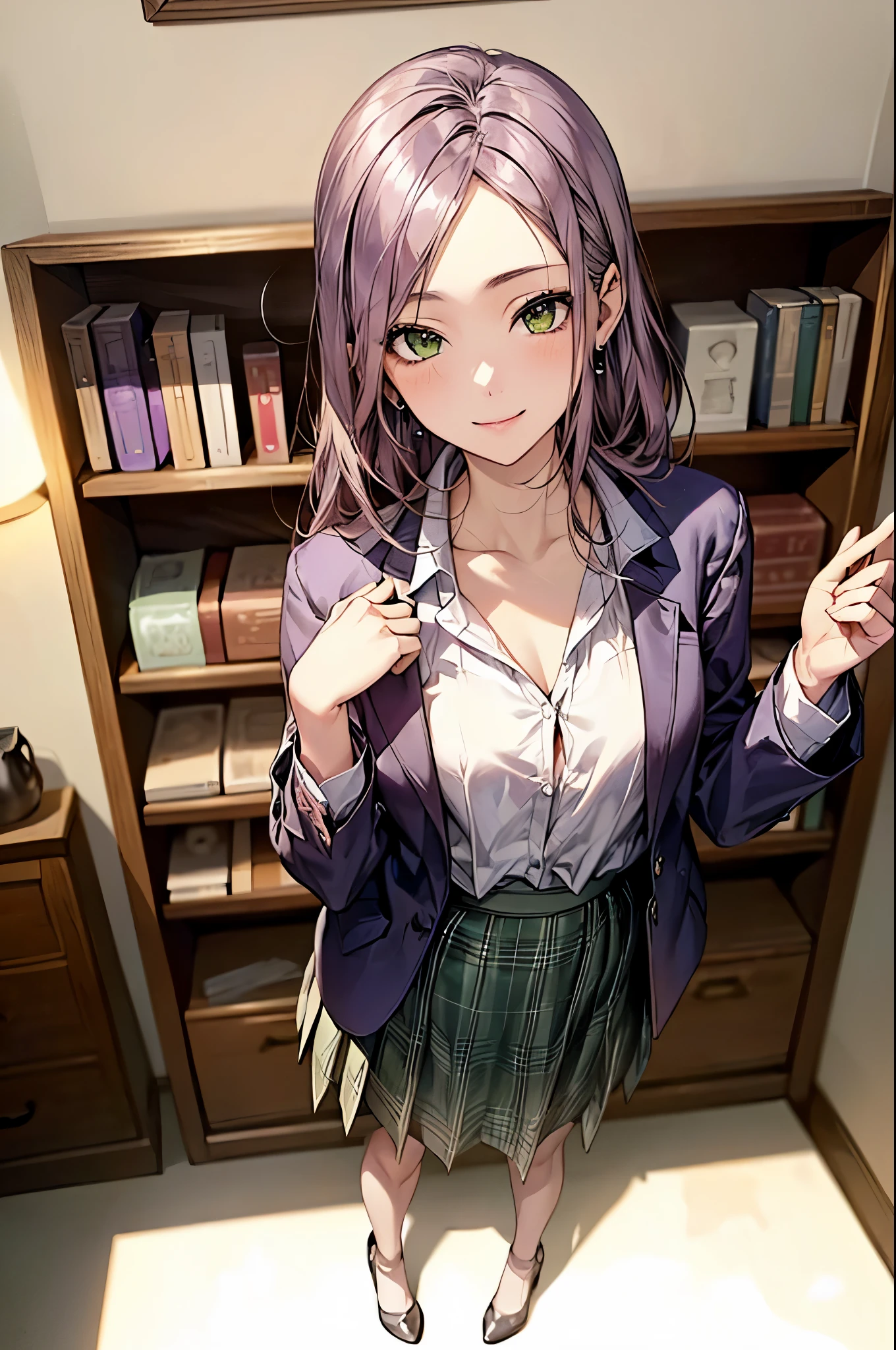 ((Biologically correct number of limbs))、(( Full body photo including face))、((standing position))、masterpiece、4K、((focus on the face))、((Symmetrical facial features))、Eyes with detailed description、Beautiful woman、outstanding style、beautiful clavicle、beautiful legs、beautiful hands、(stockings、high heels)、Detailed depiction of faces、small earrings、((Jacket、shirt、plaid skirt))、Bright interior、In front of the bookshelf、(((white frame photo)))、smile、Silver-purple hair、green eyes、lighting on face