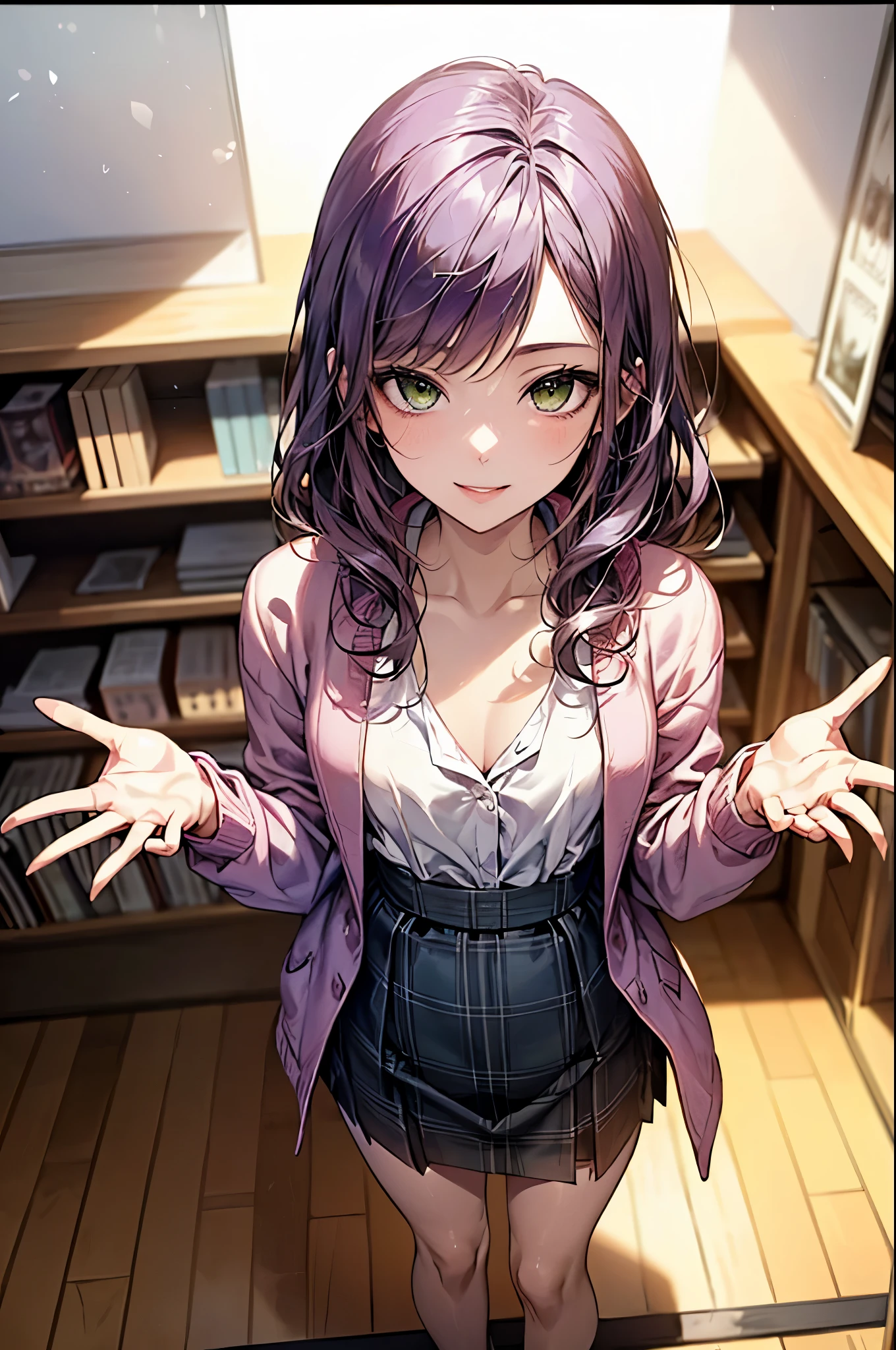 Beauty, teacher, sadness, tears, purple hair, purple eyes, library, good-looking eyes, masterpiece of best quality, 8k, high quality, high resolution