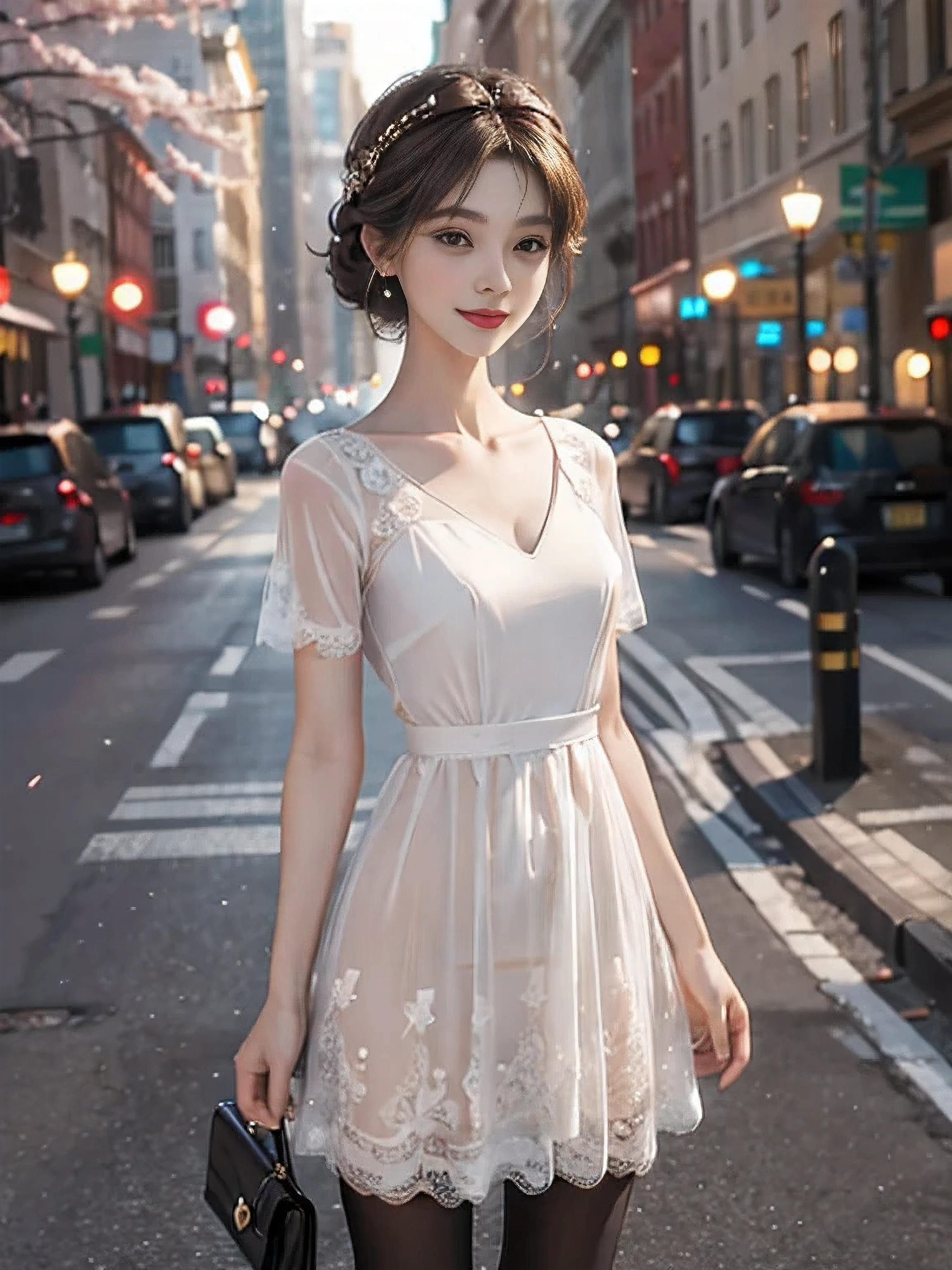8 thousand, masterpiece, RAW photos, best quality, realistic, extremely detailed CG unity 8 thousand wallpaper, depth of field, cinematic light, lens flare, ray tracing, (an exceptionally beautiful face, beautiful lips, beautiful eyes), A face with intricate details, ((highly detailed skin)) 1 woman, in the dark, deep shadows, pretty asian girl, 1 girl, (very slim slender fit-muscled body:1.3), ((looking at viewer)),(big smile:1.3), clear eyes, walking , Frontal shots, (pale skin), (big eyes), heading forward, (brown hair), ((lace dress)), (looking at viewer:1.3) very slim, medium chest, tight dress, (Ultra Mini Dress), short skirt, (afternoon), glimmering, cherry blossom background, street, building, tree, (high heel), full body shot, (open chest), short sleeve, Short hair, see through