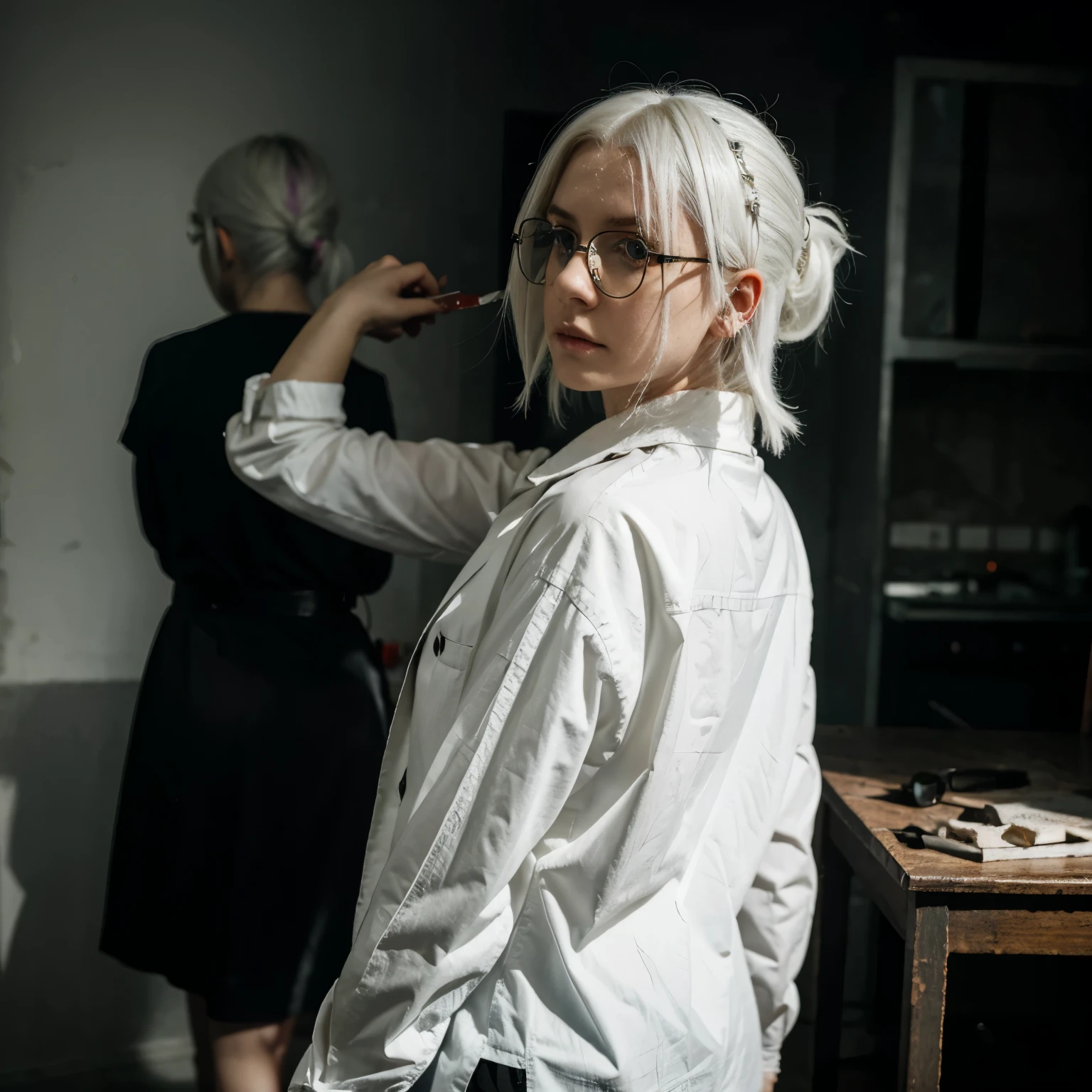 White haired girl, looking back whil looking mad, a bloody knife in her hand, background is dark with shattered glasses