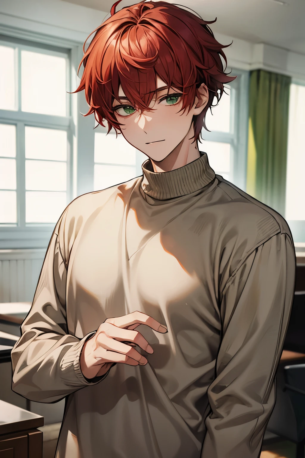 Masterpiece, best quality, highres, official, details, solo, male, short hair, red hair, green eyes, gray sweater