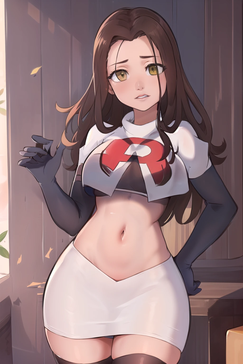 ((masterpiece, best quality:1.2),
BelleWaifu,18 years old,beautiful face,elegant face,(beautiful slanted eyes:1.4),brown eyes,breasts,cowboy shot, team rocket,team rocket uniform,white skirt,red letter R,crop top,black thigh-highs,black elbow gloves