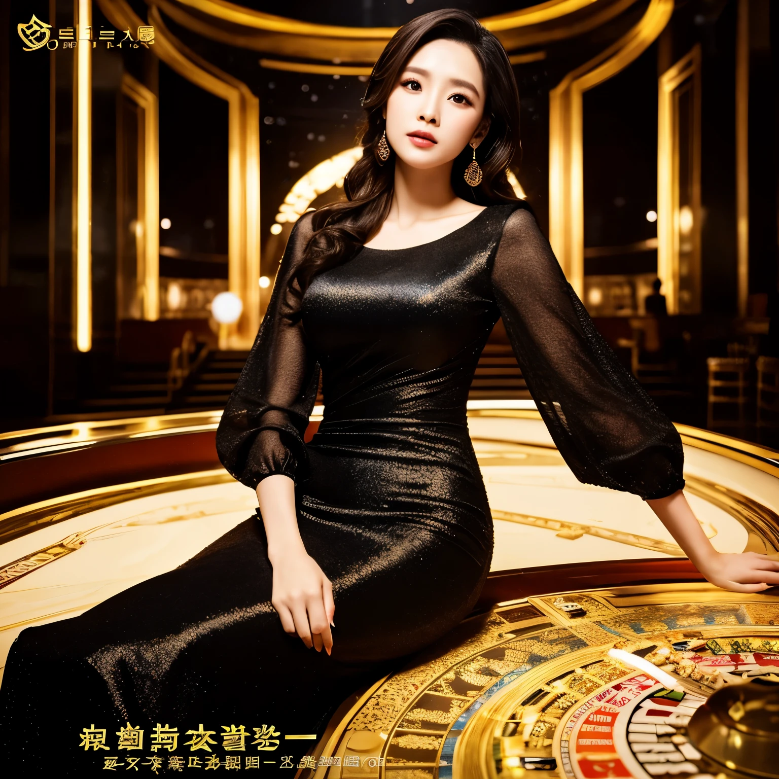far angle,Full body endorsement photos,There is a female star Fan Bingbing wearing a black long dress,There is a black rectangular name tag on the dress that reads【TOPONE】Brand endorsement words,long hair shawl,The facial features are regular like Yang Mi,Pores carefully,real skin,Realistic photo-taking feeling,Skin looks realistic,Avoid plastic texture。Holding a black and gold playing card,facing the camera,Dignified and elegant。Excellent photography skills,Added a sense of reality to the CASINO chess and cards。This photographic image shows ultra-high-definition visual effects,It feels like being in a high-end casino,This scene is presented with superb photography techniques,The true texture of skin pores is clearly visible,Added a sense of realism。Award-winning photography endorsement poster,Top Ten Best Photography Endorsements,HD photography,Best Spokesperson,4K,8K