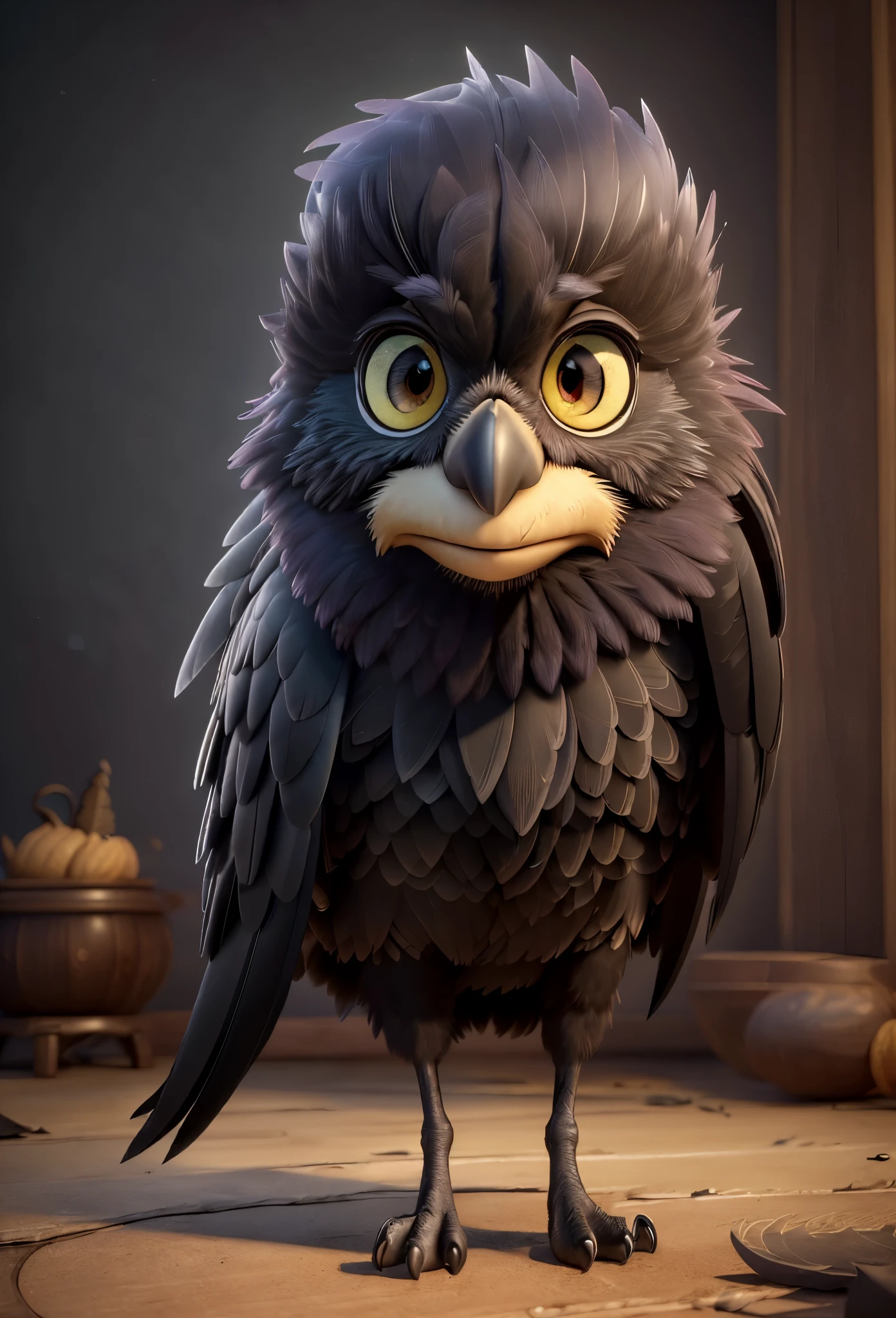 (best quality,4k,8k,highres,masterpiece:1.2),ultra-detailed,(realistic,photorealistic,photo-realistic:1.37),crow,black feathers,mysterious ambiance,detailed depiction,feather texture,crow eyes,staring ahead,dark background,surrealism,gothic,ethereal,vivid colors,subtle lighting