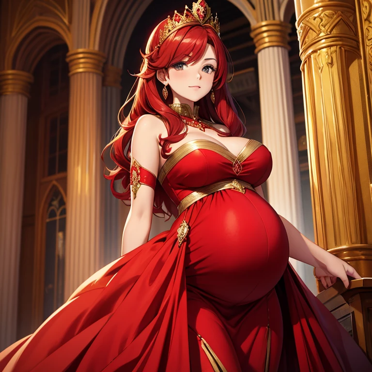 Beautiful pregnant queen, red hair, red dress with gold details, 