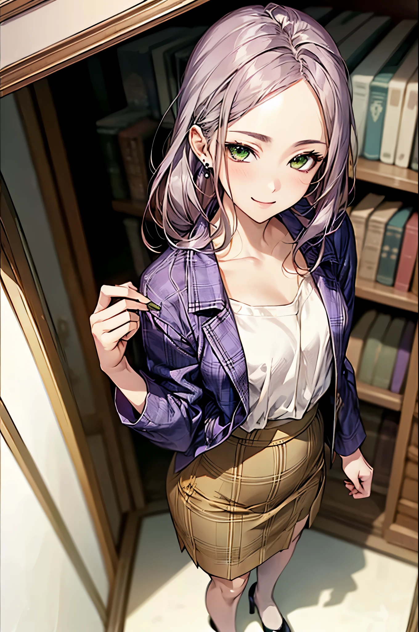 ((Biologically correct number of limbs))、(( Full body photo including face))、((standing position))、masterpiece、4K、((focus on the face))、((Symmetrical facial features))、Eyes with detailed description、Beautiful woman、outstanding style、beautiful clavicle、beautiful legs、beautiful hands、(stockings、high heels)、Detailed depiction of faces、small earrings、((Jacket、shirt、plaid skirt))、Bright interior、In front of the bookshelf、(((white frame photo)))、smile、Silver-purple hair、green eyes、lighting on face