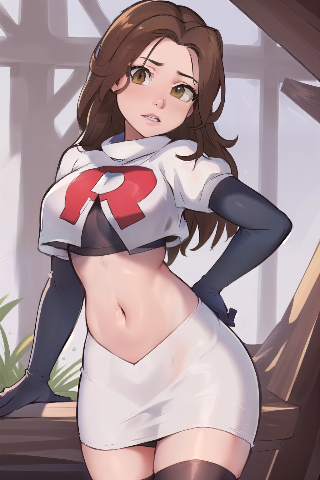 ((masterpiece, best quality:1.2),
BelleWaifu,18 years old,beautiful face,elegant face,(beautiful slanted eyes:1.4),brown eyes,breasts,cowboy shot, team rocket,team rocket uniform,white skirt,red letter R,crop top,black thigh-highs,black elbow gloves