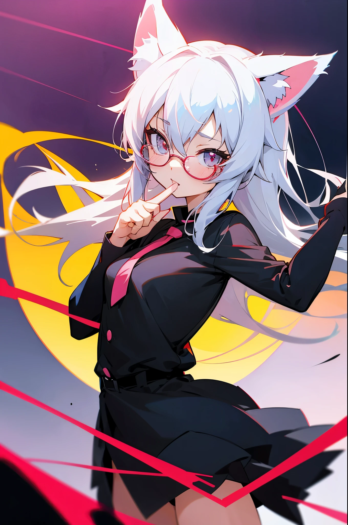 anime girl with cat ears and glasses, nyaruko-san, with index finger, in an anime style, anime girl with cat ears, neferpitou, in anime style, 2 d anime style, white - haired fox, anime catgirl, wolf ears, anime moe artstyle, anime style character, anime boy