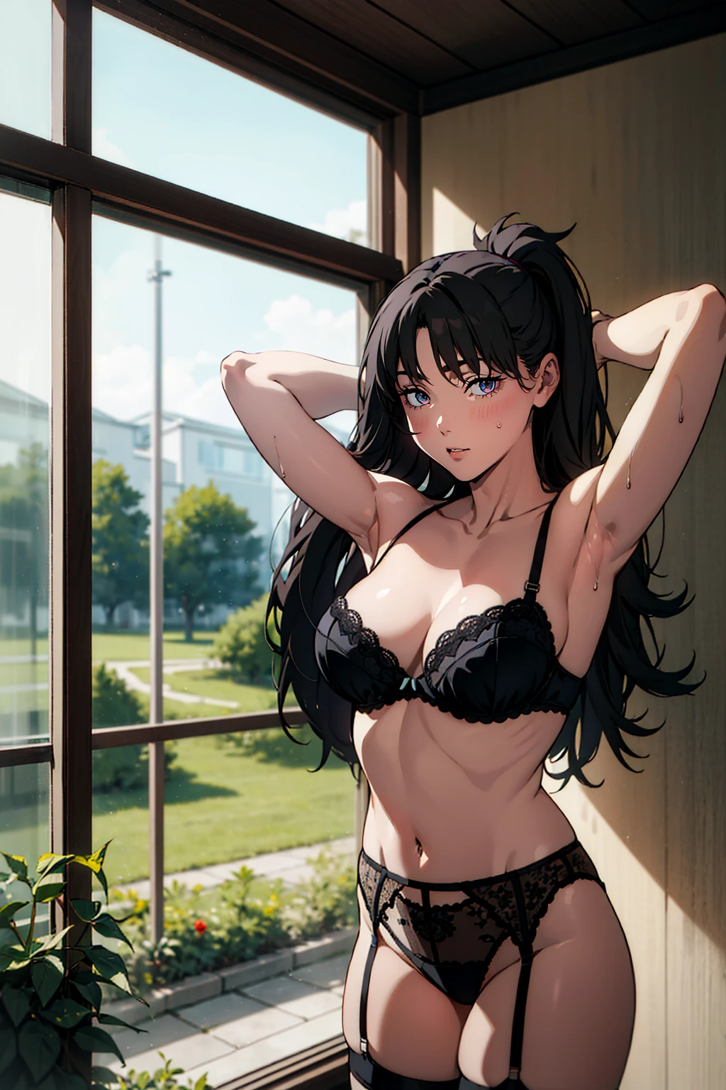 1girl, underwear, garter belt, solo, bra, panties, purple panties, purple bra, navel, garter straps, big breasts, realistic, long hair, lingerie, thighhighs, underwear only, lips, looking at viewer, black hair, collarbone, ponytail, side bangs, Undressing, taking off her bra , red eyes, standing, cowboy shot, Posing in hot spring, hot spring background, from Above, arms behind head, show both armpits