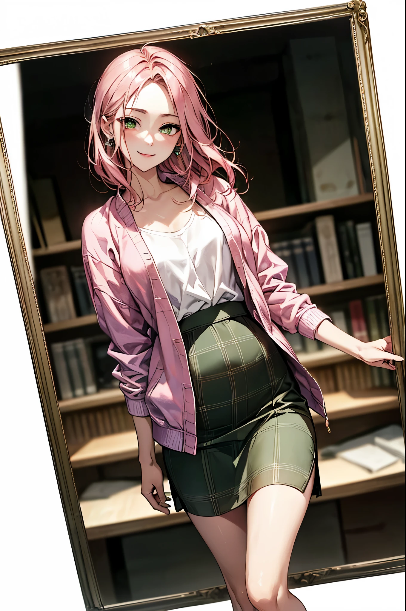 ((Biologically correct number of limbs))、(( Full body photo including face))、((standing position))、masterpiece、4K、((focus on the face))、((Symmetrical facial features))、Eyes with detailed description、Beautiful woman、outstanding style、beautiful clavicle、beautiful legs、beautiful hands、(stockings、high heels)、Detailed depiction of faces、small earrings、((Jacket、shirt、plaid skirt))、Bright interior、In front of the bookshelf、(((white frame photo)))、smile、pink hair、green eyes、lighting on face