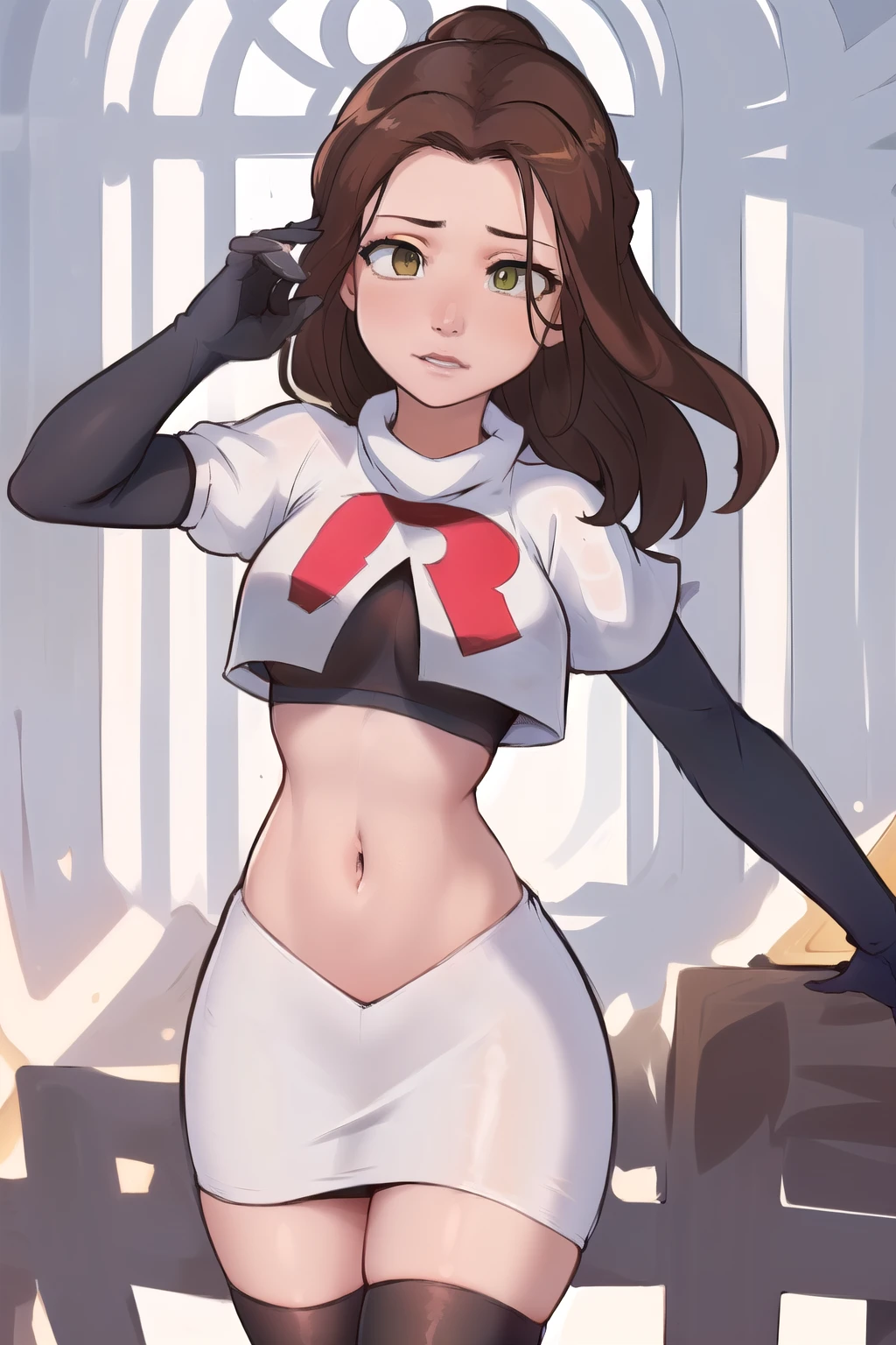 ((masterpiece, best quality:1.2),
BelleWaifu,18 years old,beautiful face,elegant face,(beautiful slanted eyes:1.4),brown eyes,breasts,cowboy shot, team rocket,team rocket uniform,white skirt,red letter R,crop top,black thigh-highs,black elbow gloves