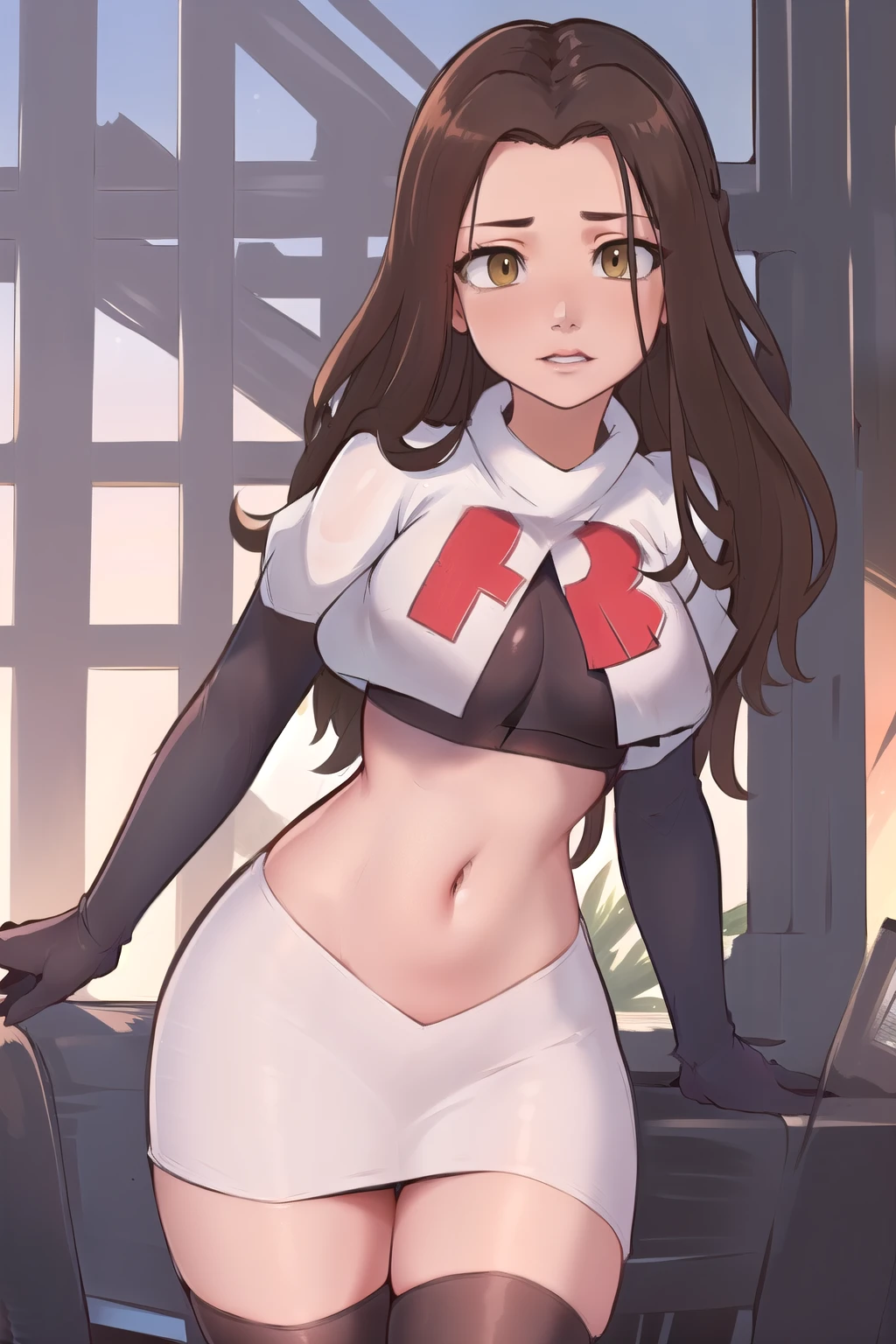 ((masterpiece, best quality:1.2),
BelleWaifu,18 years old,beautiful face,elegant face,(beautiful slanted eyes:1.4),brown eyes,breasts,cowboy shot, team rocket,team rocket uniform,white skirt,red letter R,crop top,black thigh-highs,black elbow gloves