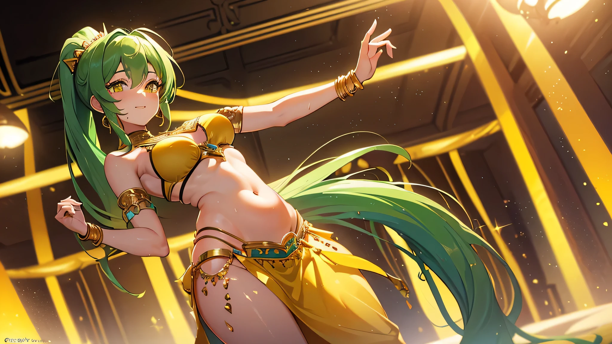 perfect anatomy, masterpiece1.3, best quality, 8k, beautiful detailed grow, (dance style) (belly Dancing), low-angle (solo Ponytail green hair long hair cute girl, belly dancer girl, 15 yo, lovely yellow eyes, ero smile, sweaty skin), break, ((in a exposure belly dancer costume)), in the Nightclub. 